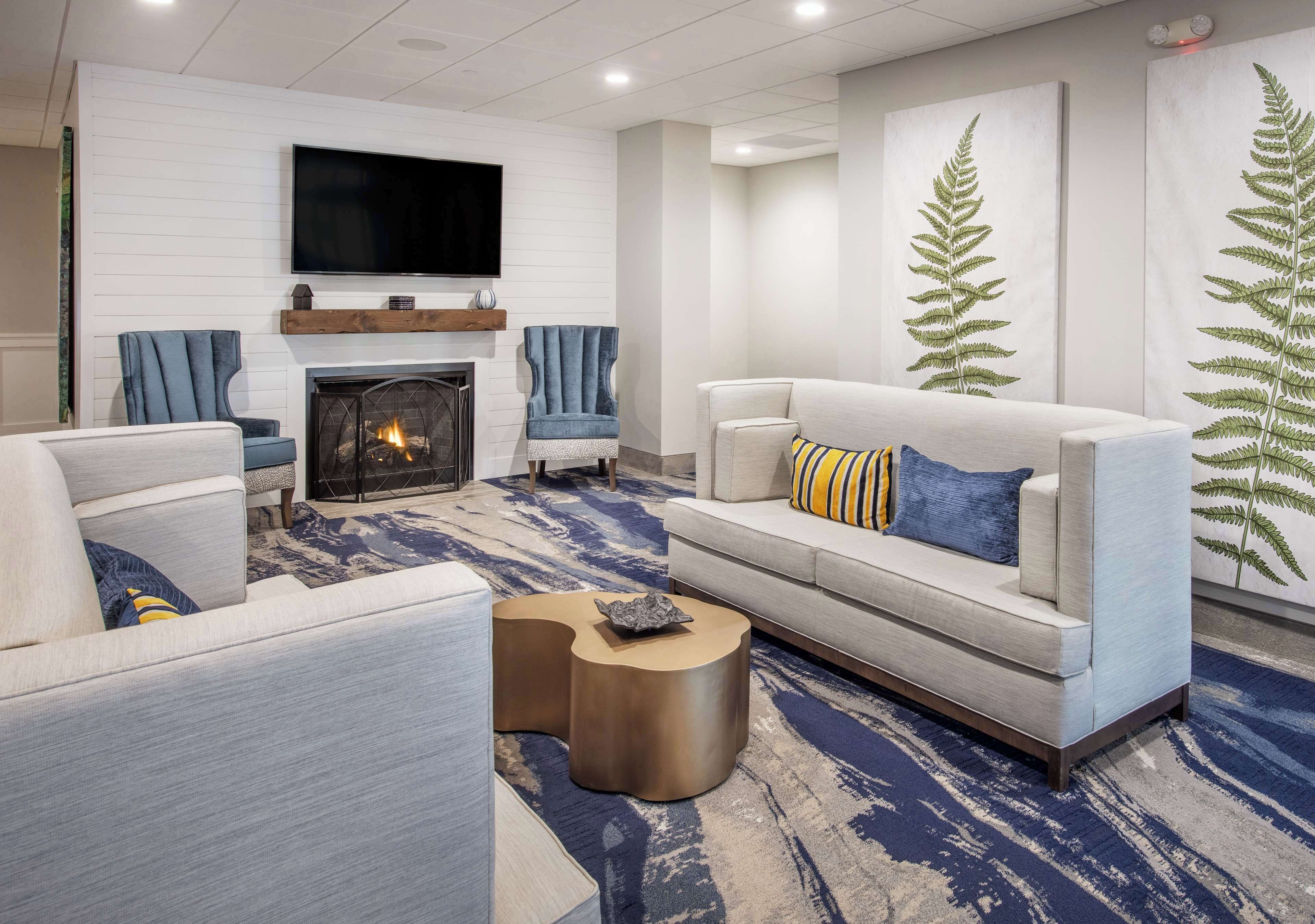 A modern living room with a fireplace, sofas, armchairs, and a television.