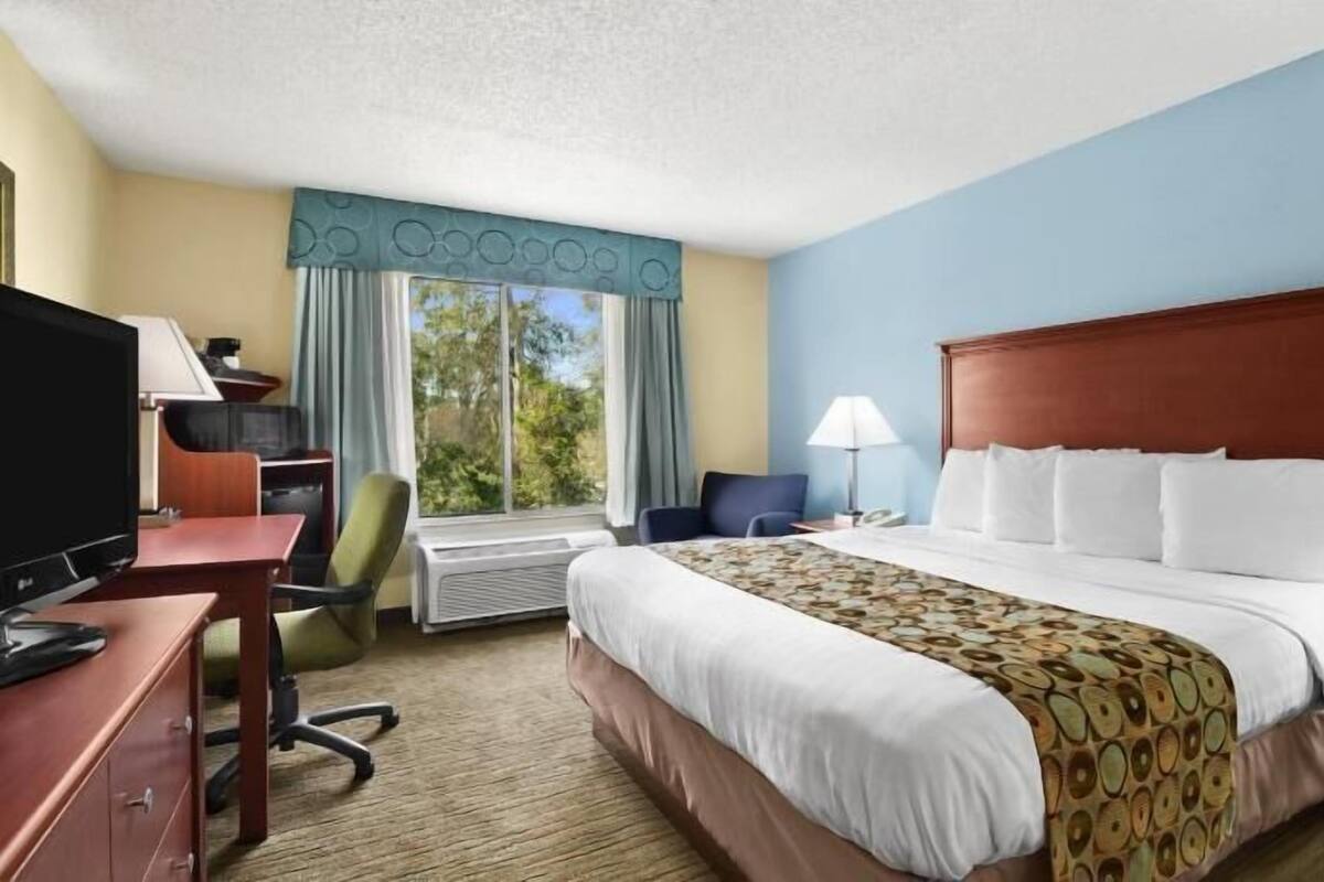 A hotel room with a bed, desk, chair, TV, and a window with curtains.