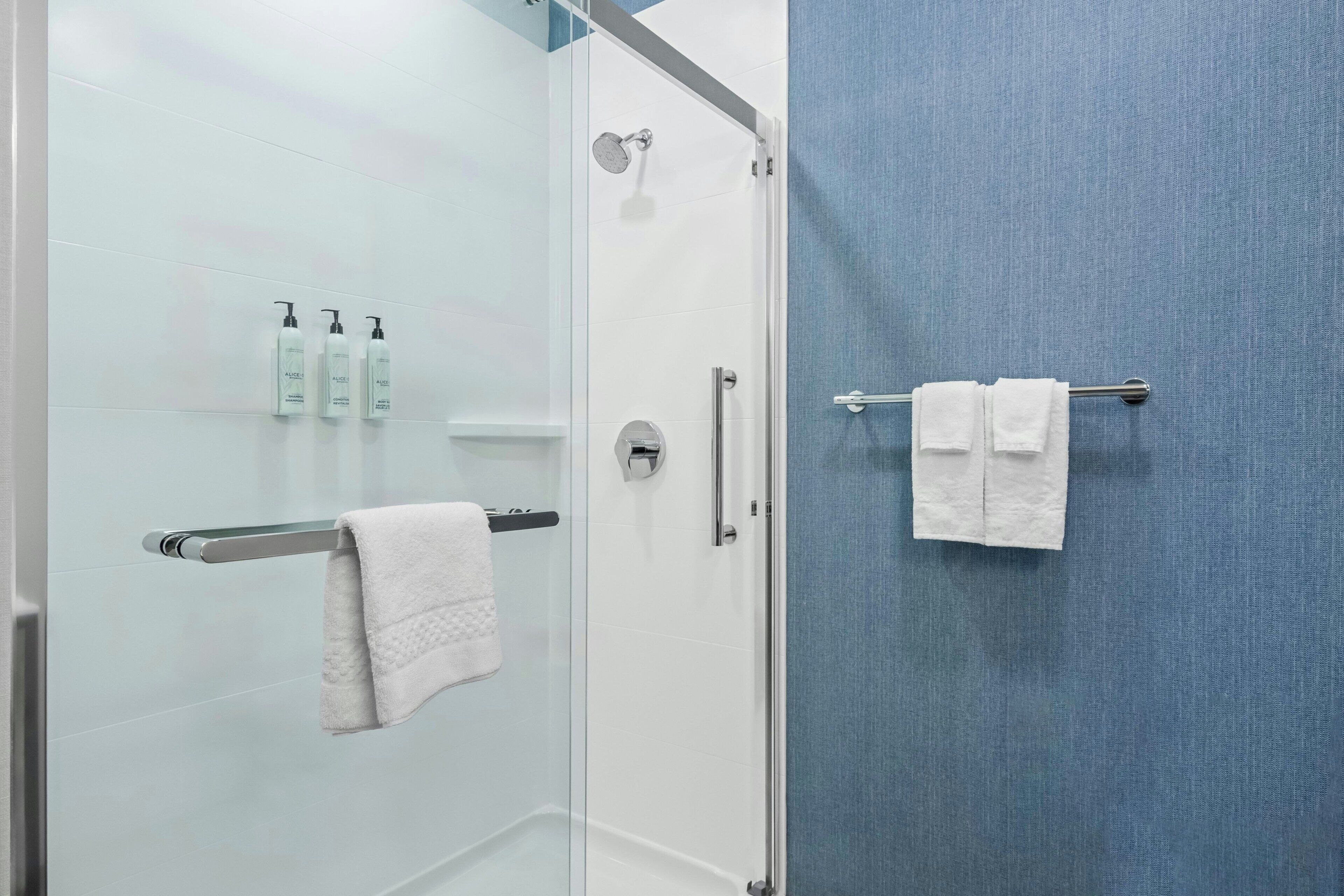 A bathroom with a glass shower enclosure, a towel rack with two towels, and three bottles of shampoo on the wall.