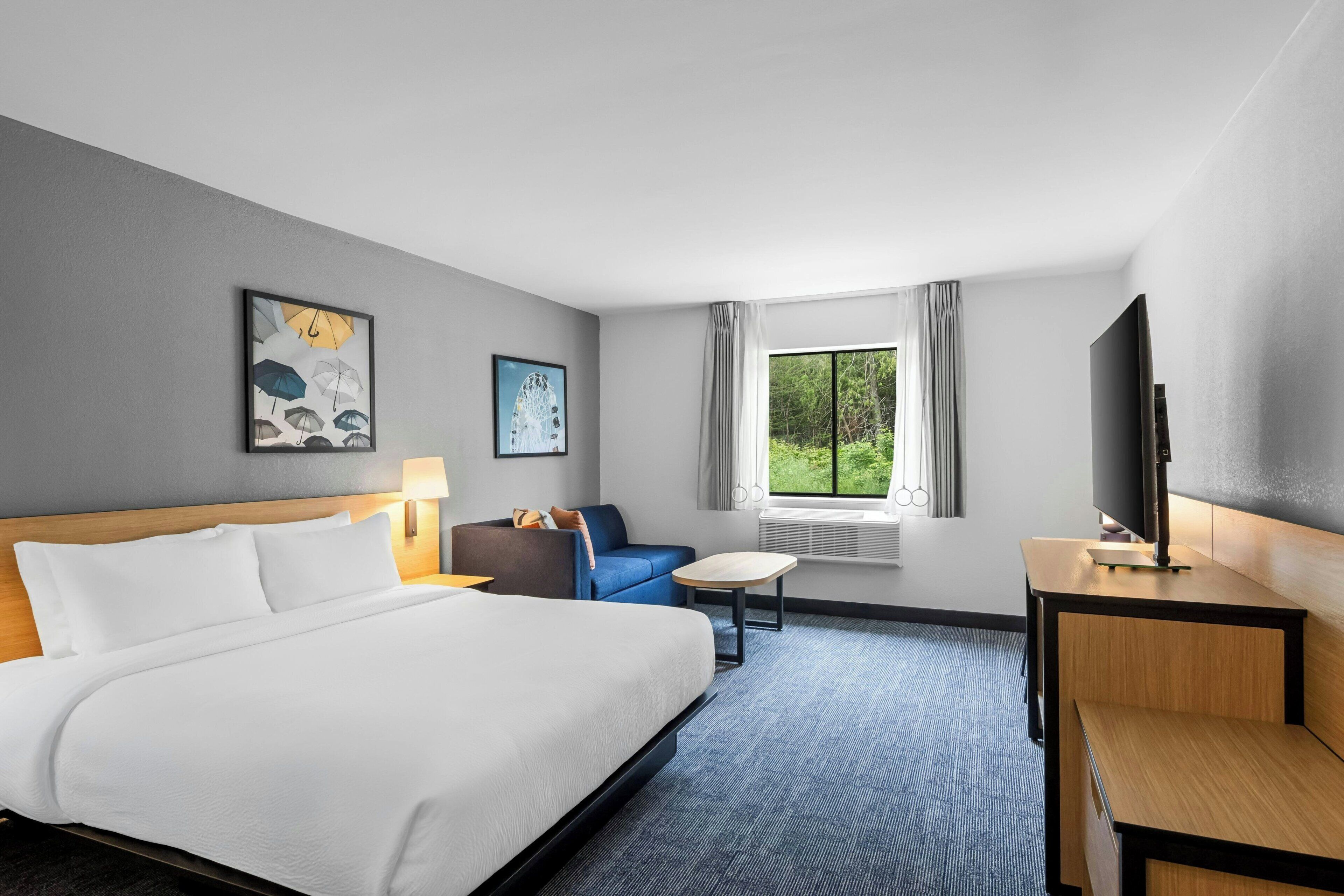 A hotel room with a bed, a desk, a chair, a TV, a window with a view of greenery, and artwork on the walls.