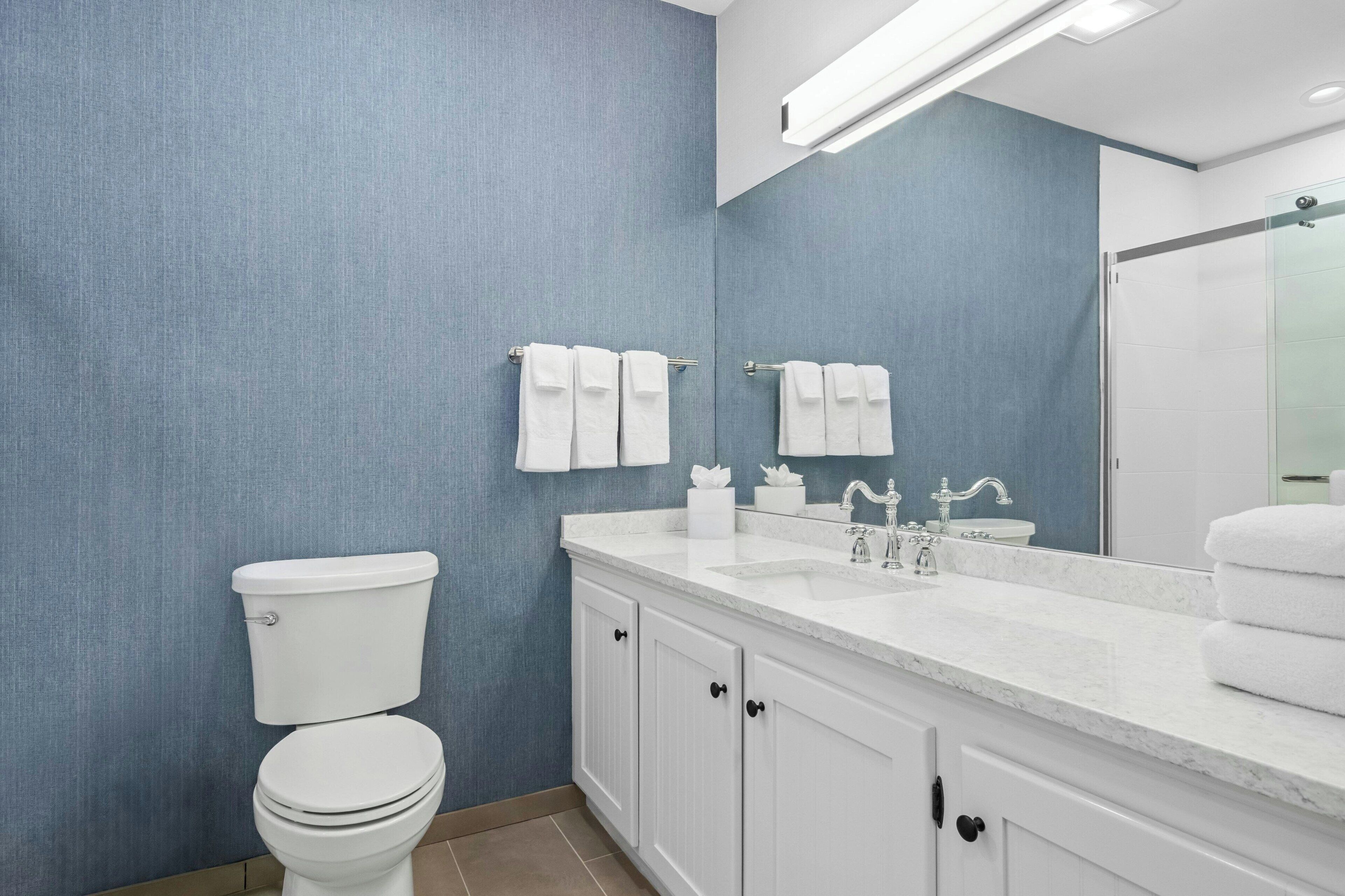 Une salle de bain moderne équipée de toilettes, d’un lavabo et de meubles de rangement.