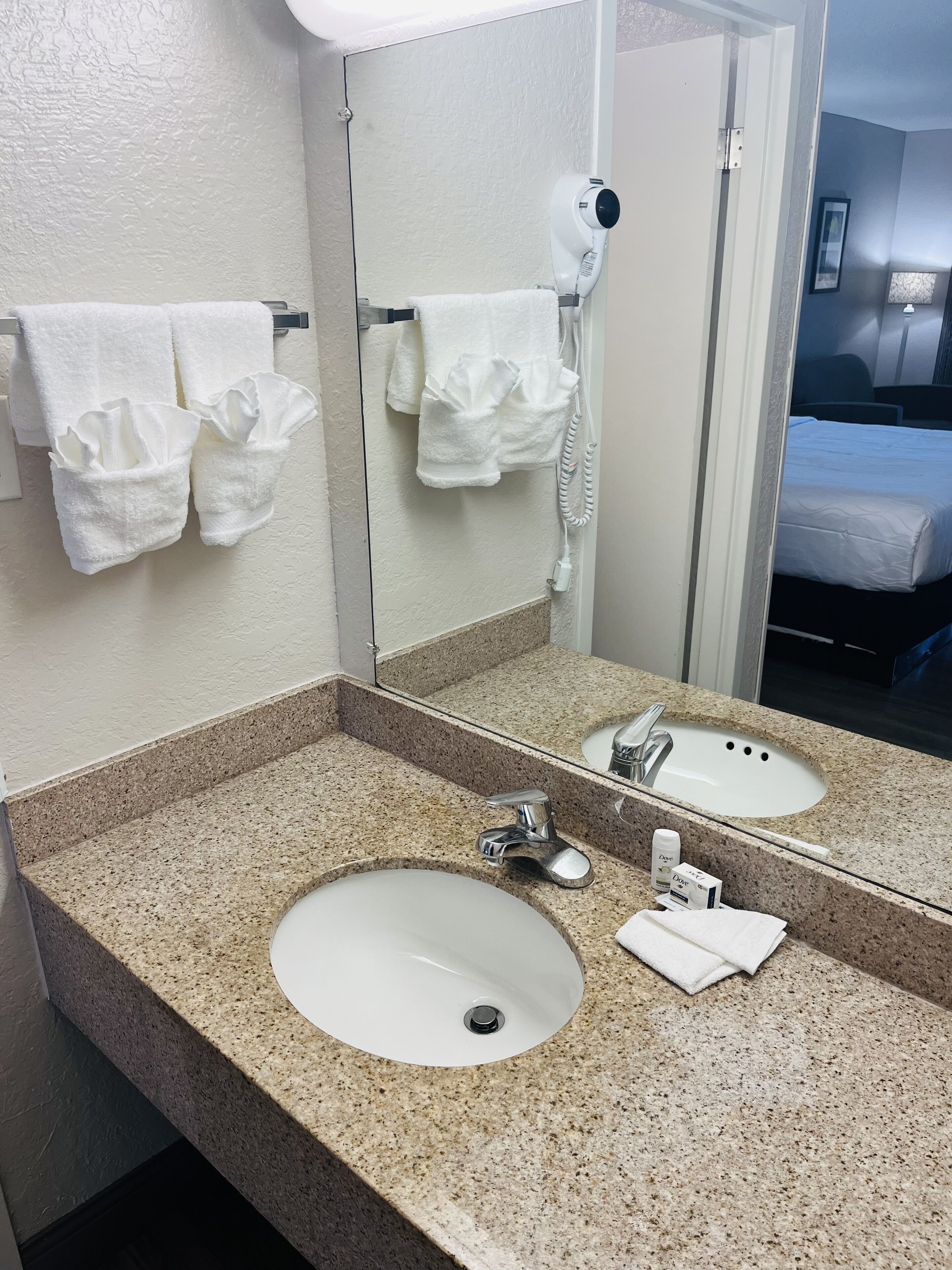 combined shower/bathtub, free toiletries, hair dryer, towels