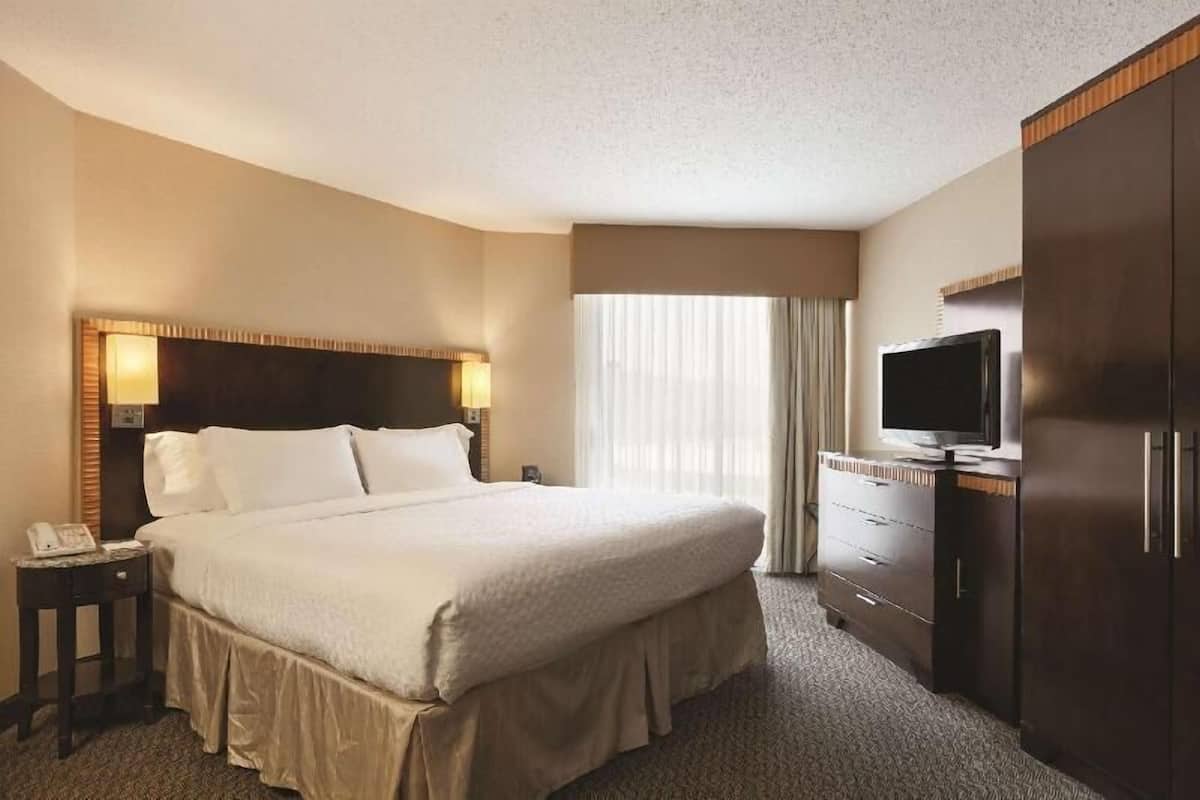 A hotel room with a large bed, a TV, a dresser, and a nightstand.