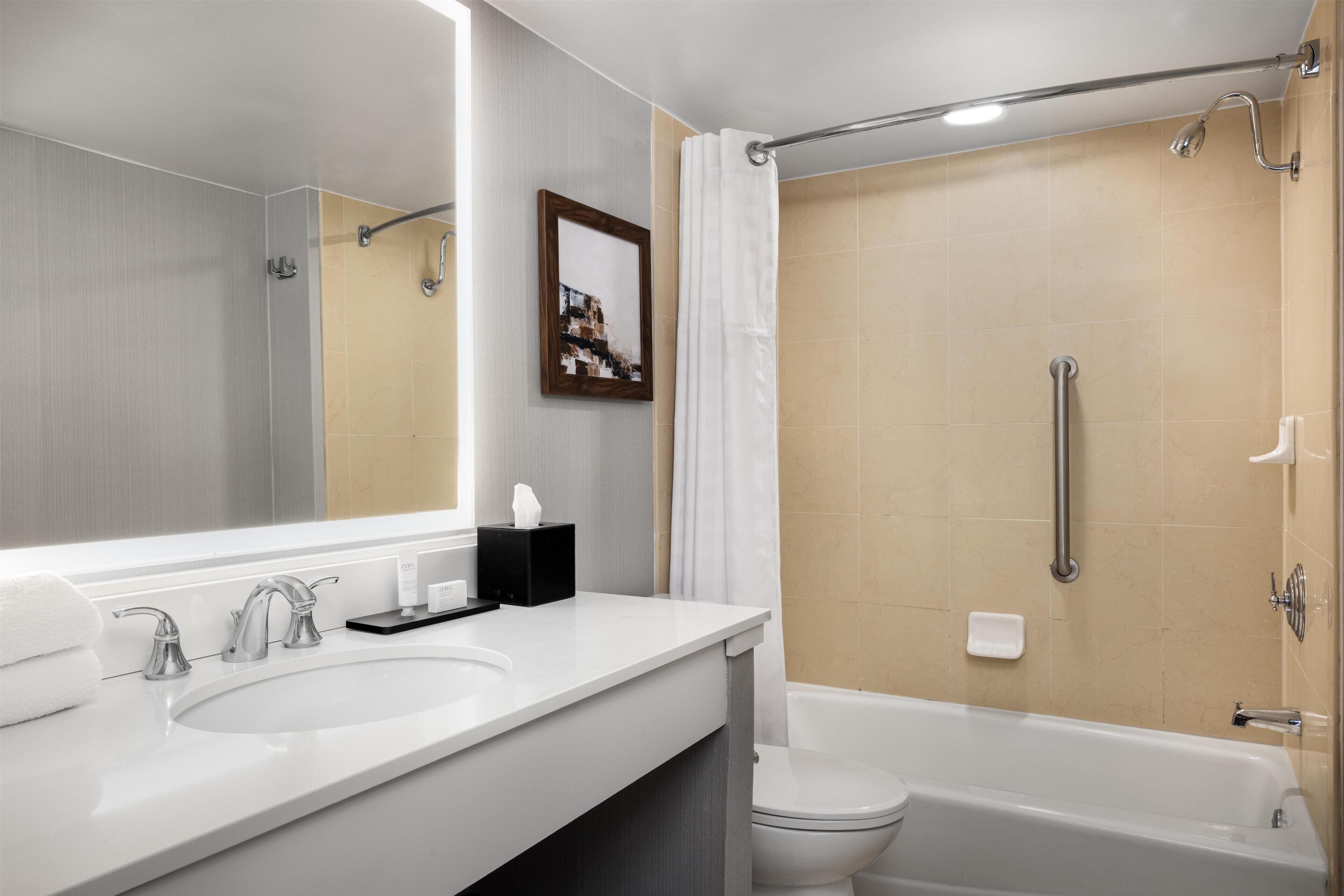A modern bathroom with a large mirror, two sinks, a toilet, and a shower with grab bars.
