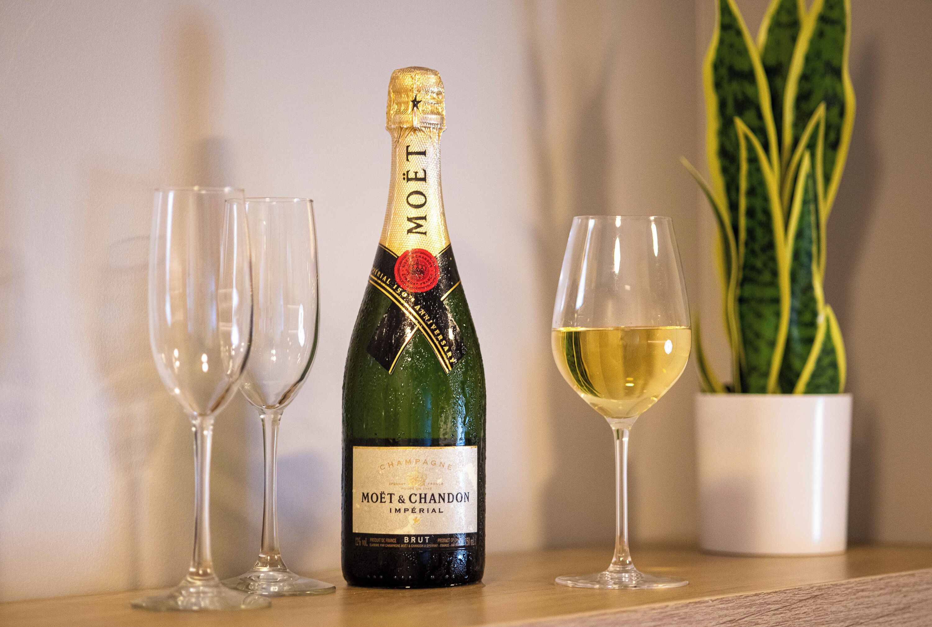 A bottle of Moët & Chandon champagne, two empty glasses, and a filled glass of champagne, with a potted plant in the background.