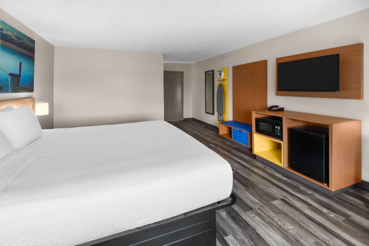 Habitación de hotel con una cama grande, televisión de pantalla plana, microondas y refrigerador pequeño.