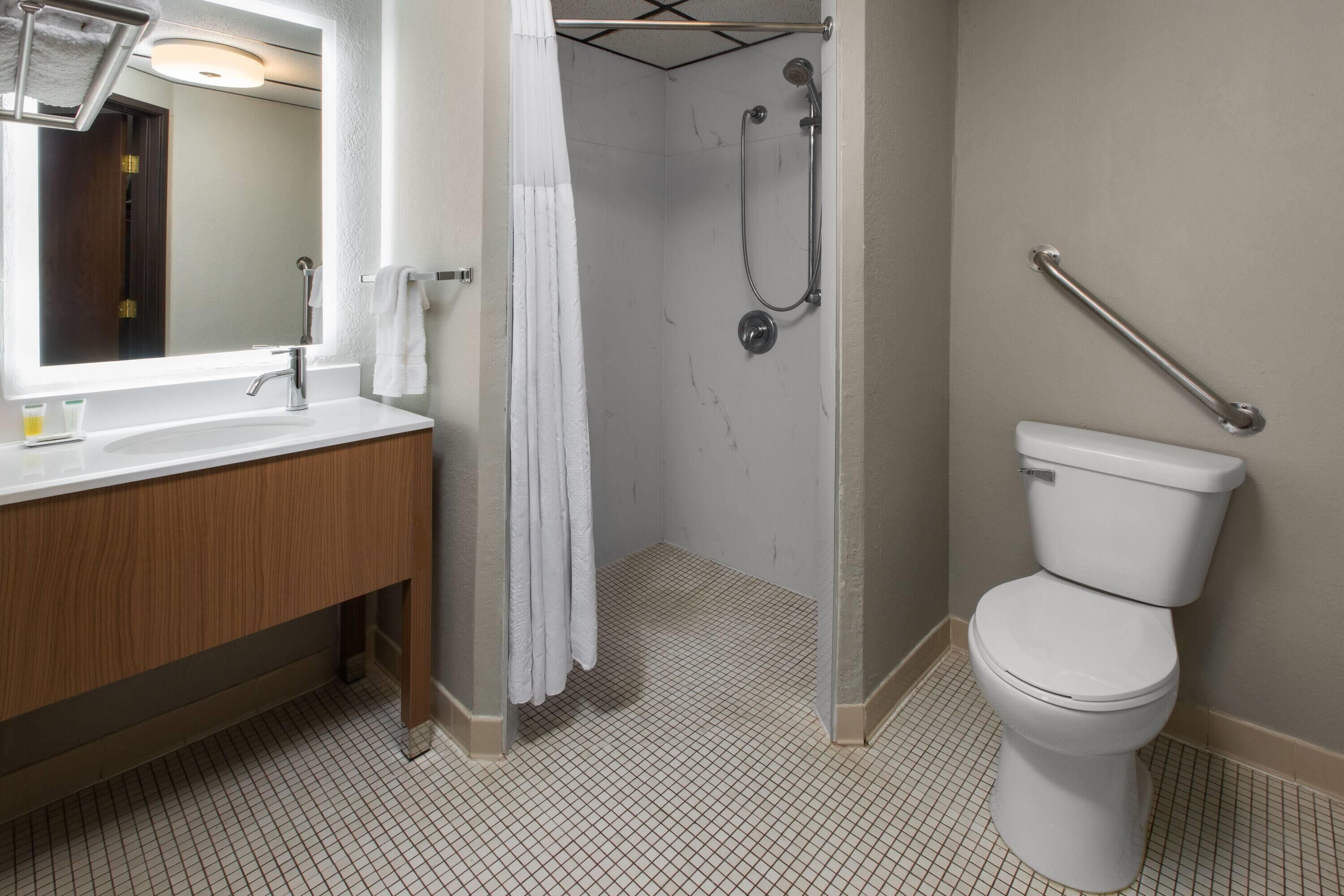 A bathroom with a white sink, mirror, shower, and toilet.