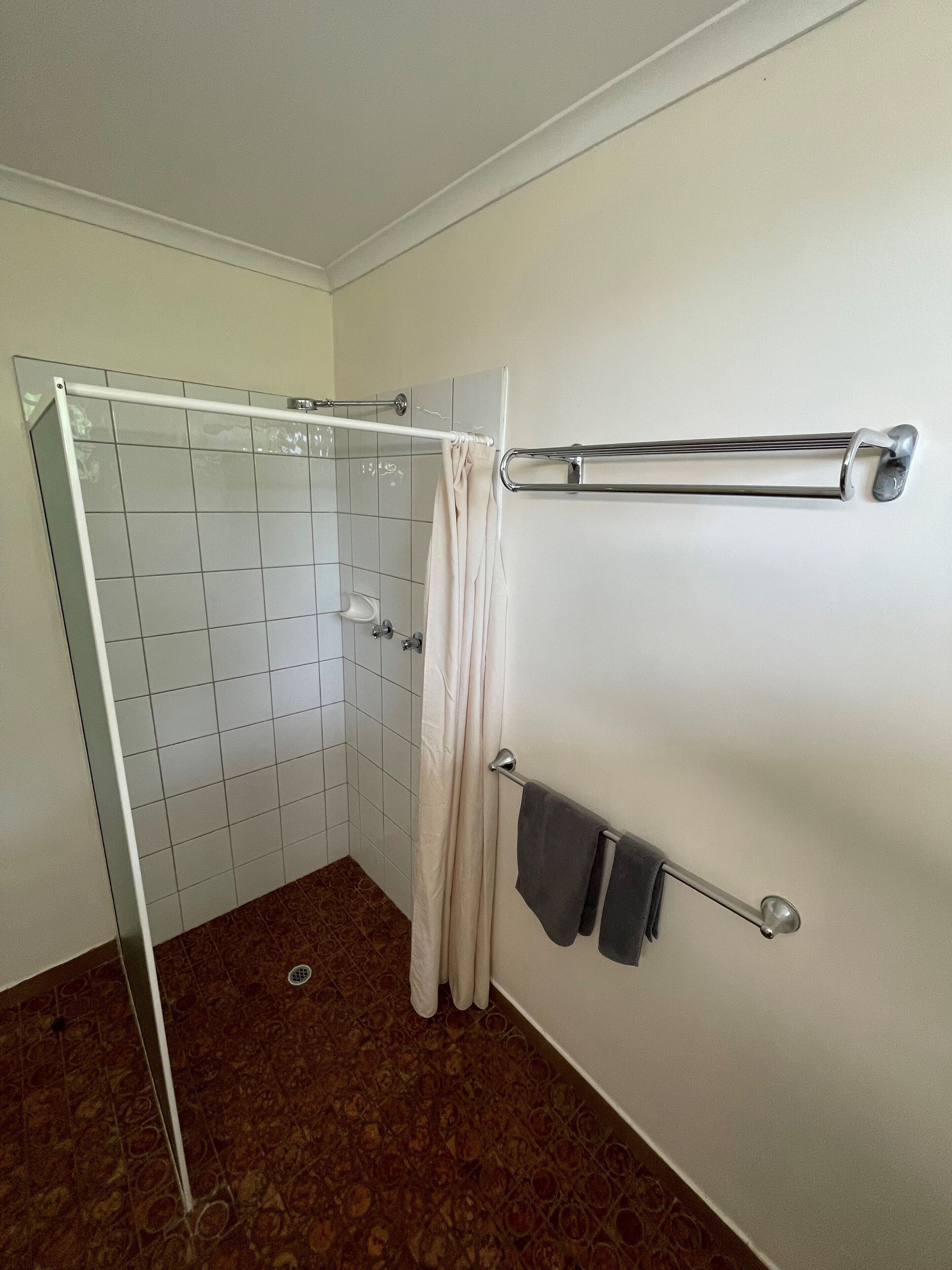 A bathroom with a shower, a towel rack, and a toilet.