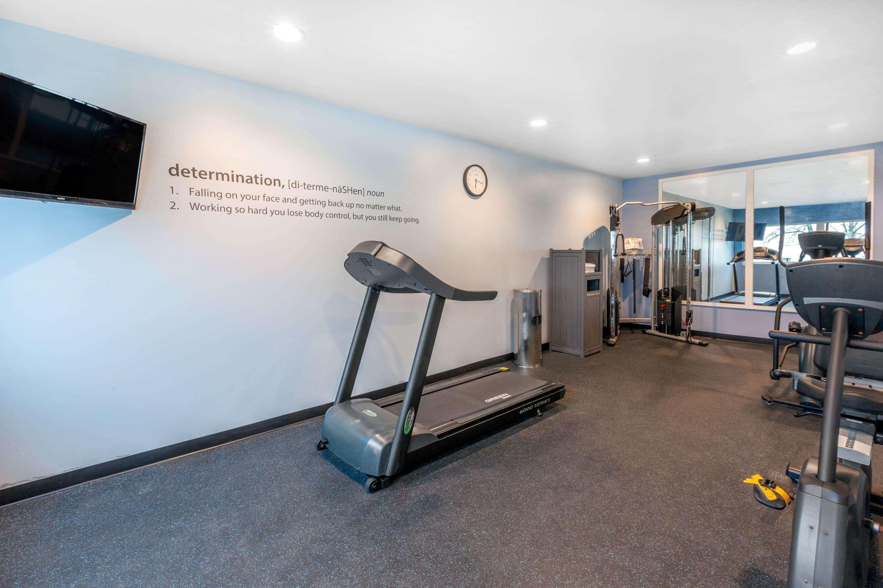 A gym with treadmills, weight machines, and a wall-mounted TV.