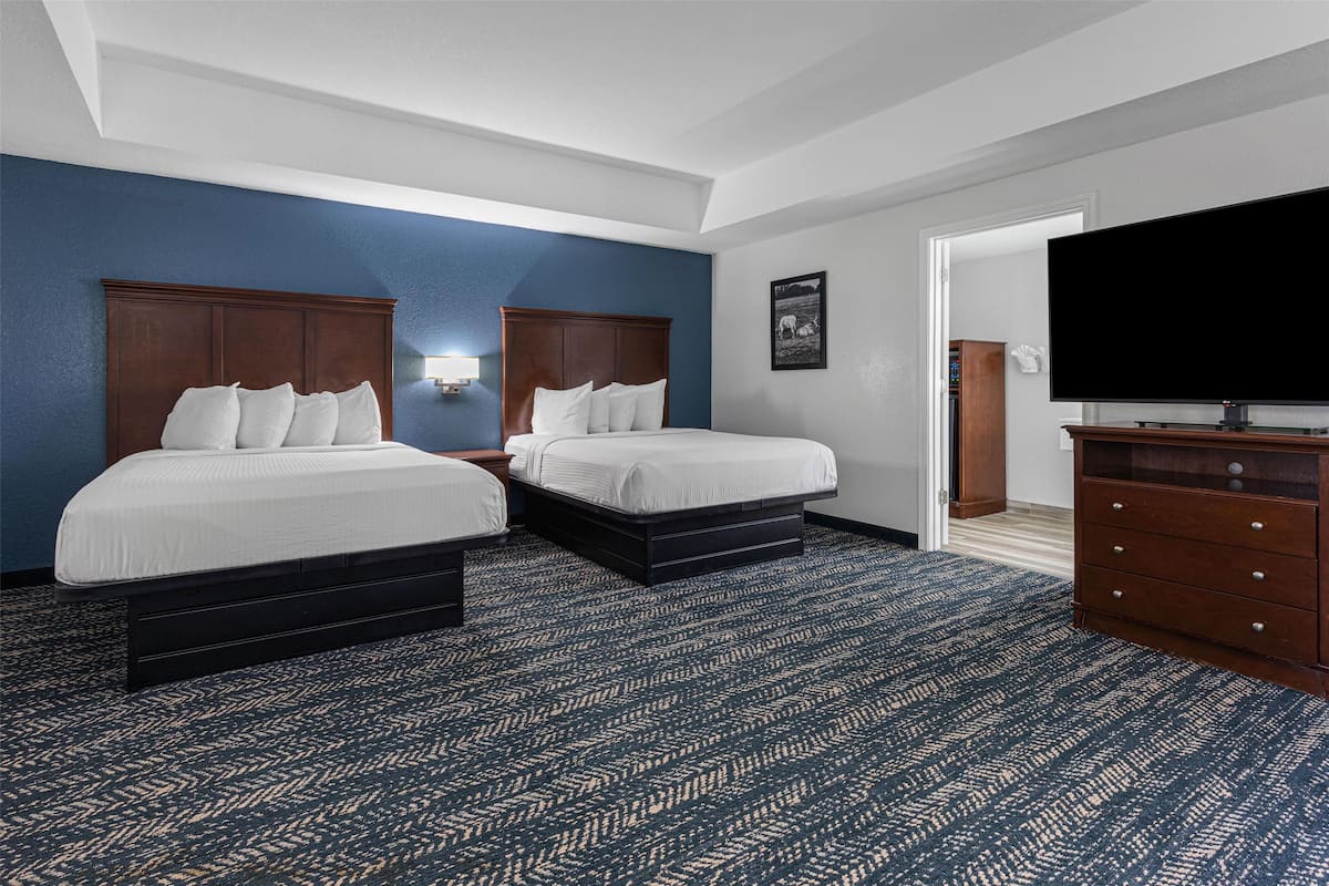 A hotel room with two beds, a flat-screen TV, a dresser, and a patterned carpet.