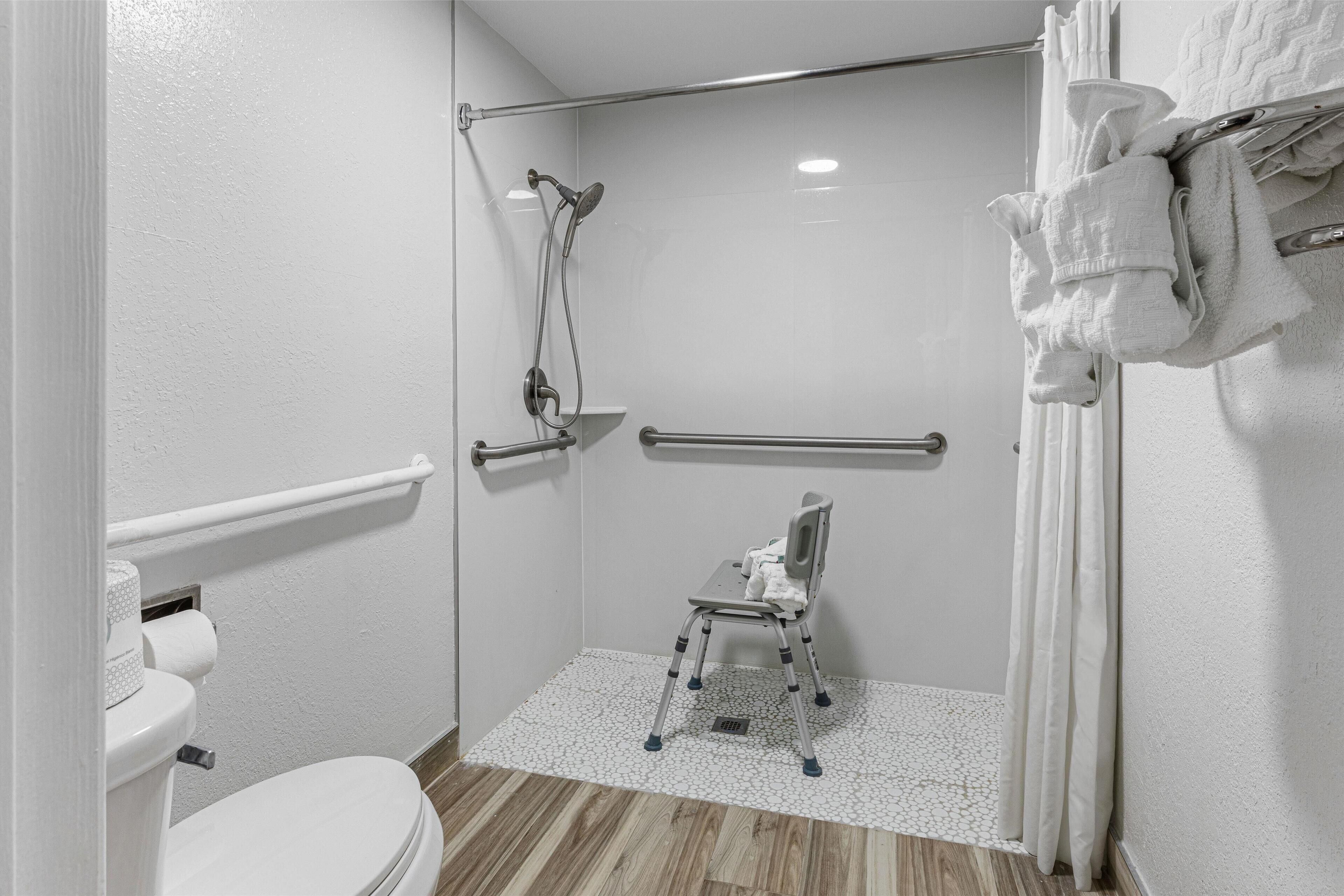 standard room, multiple beds, accessible, refrigerator & microwave | bathroom | shower, free toiletries, hair dryer, towels