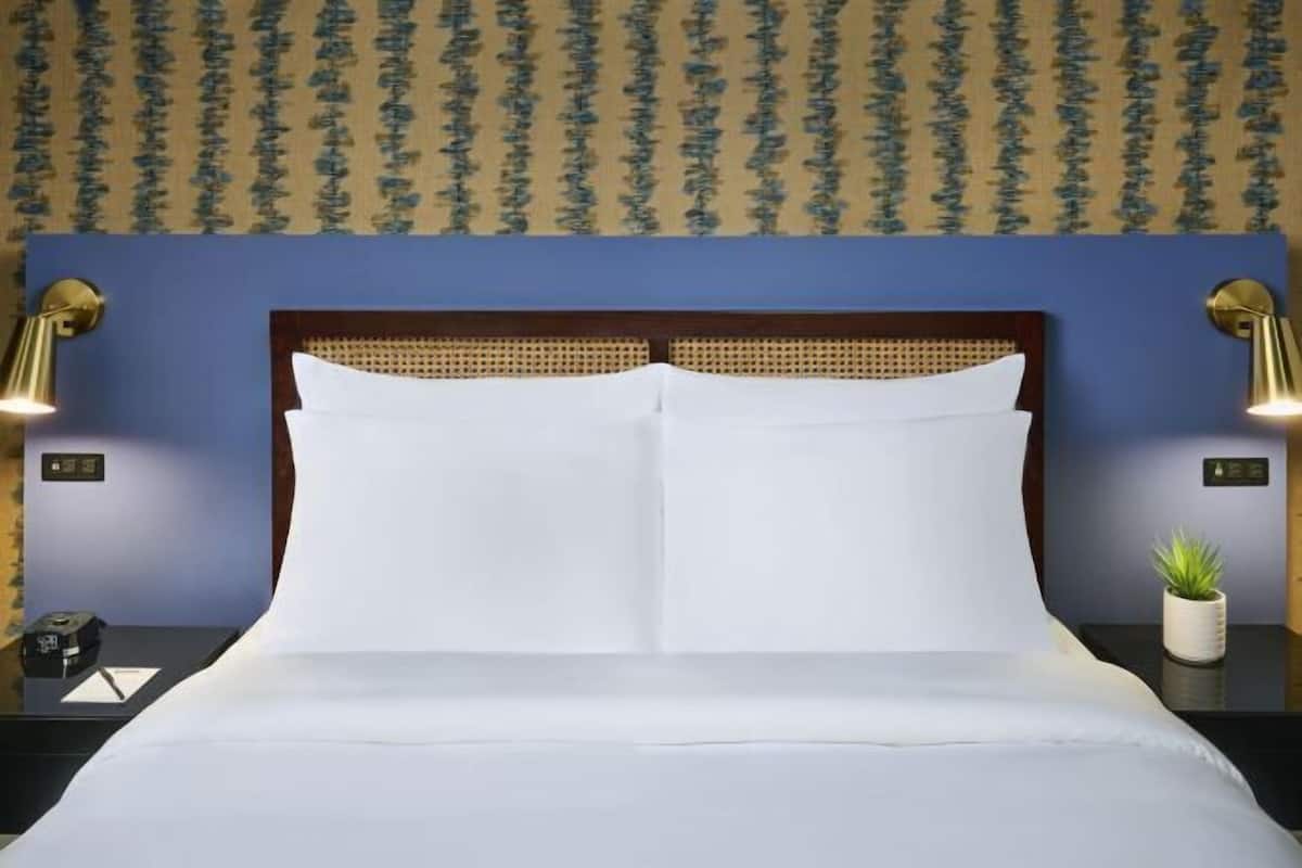 A hotel room with a bed, two bedside lamps, a nightstand, and a small potted plant.