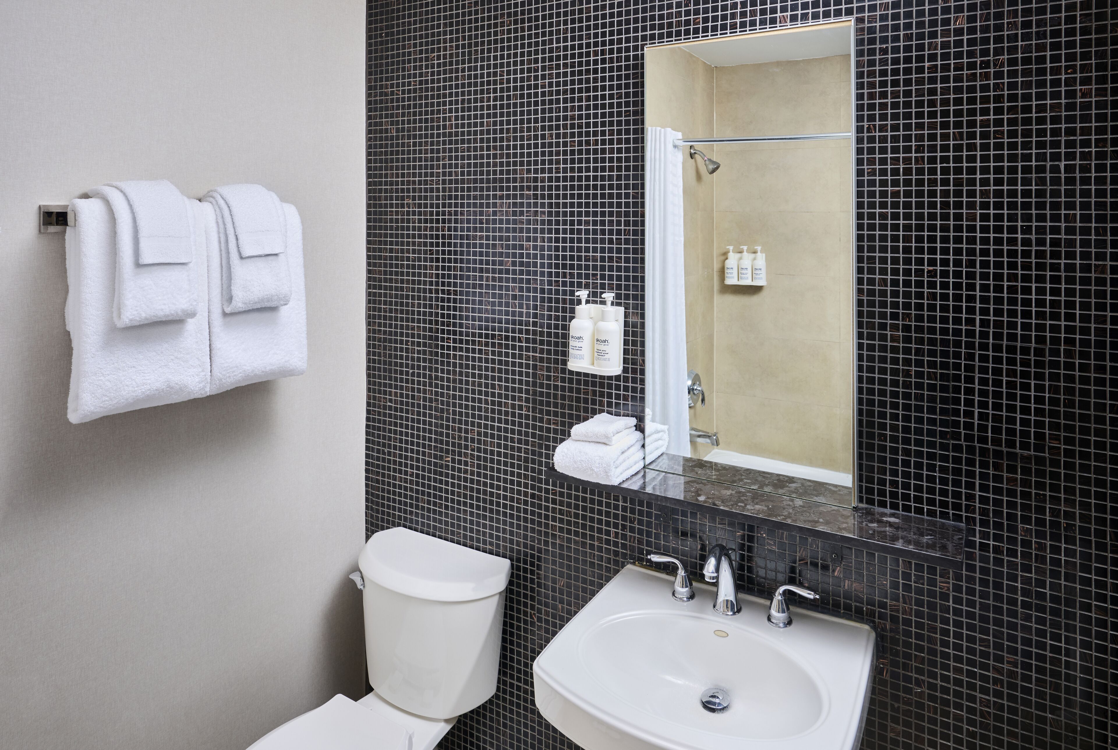 combined shower/bathtub, eco-friendly toiletries, hair dryer, towels