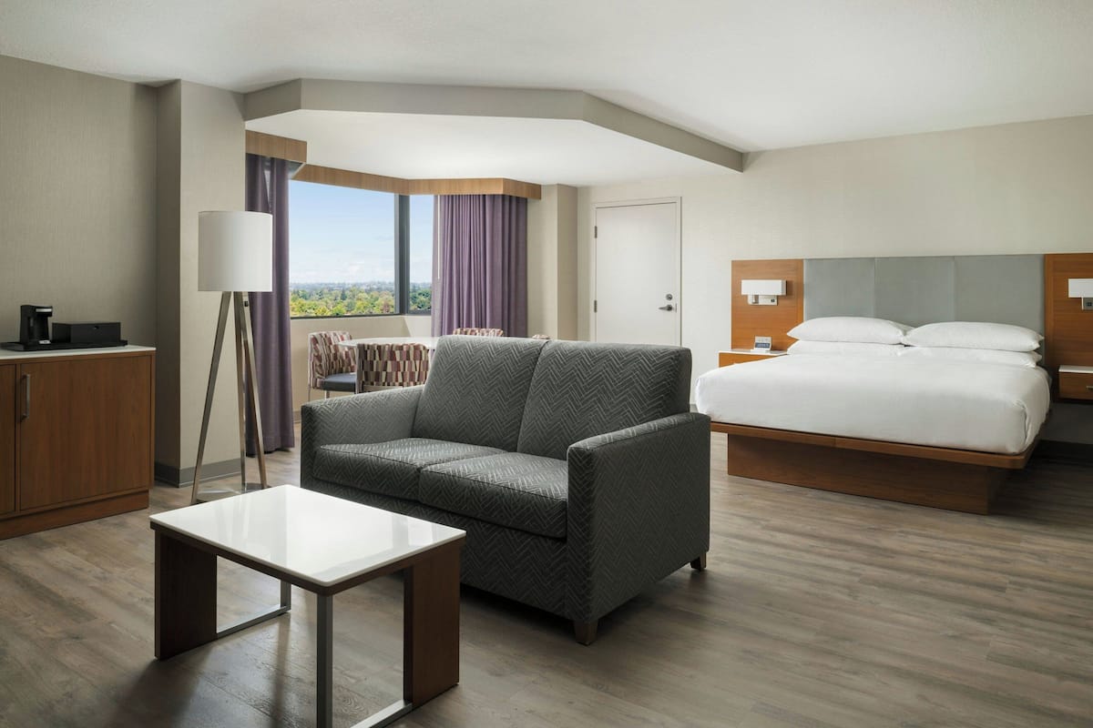 A hotel room with a bed, a sofa, a coffee table, a desk, and a view of the outdoors.