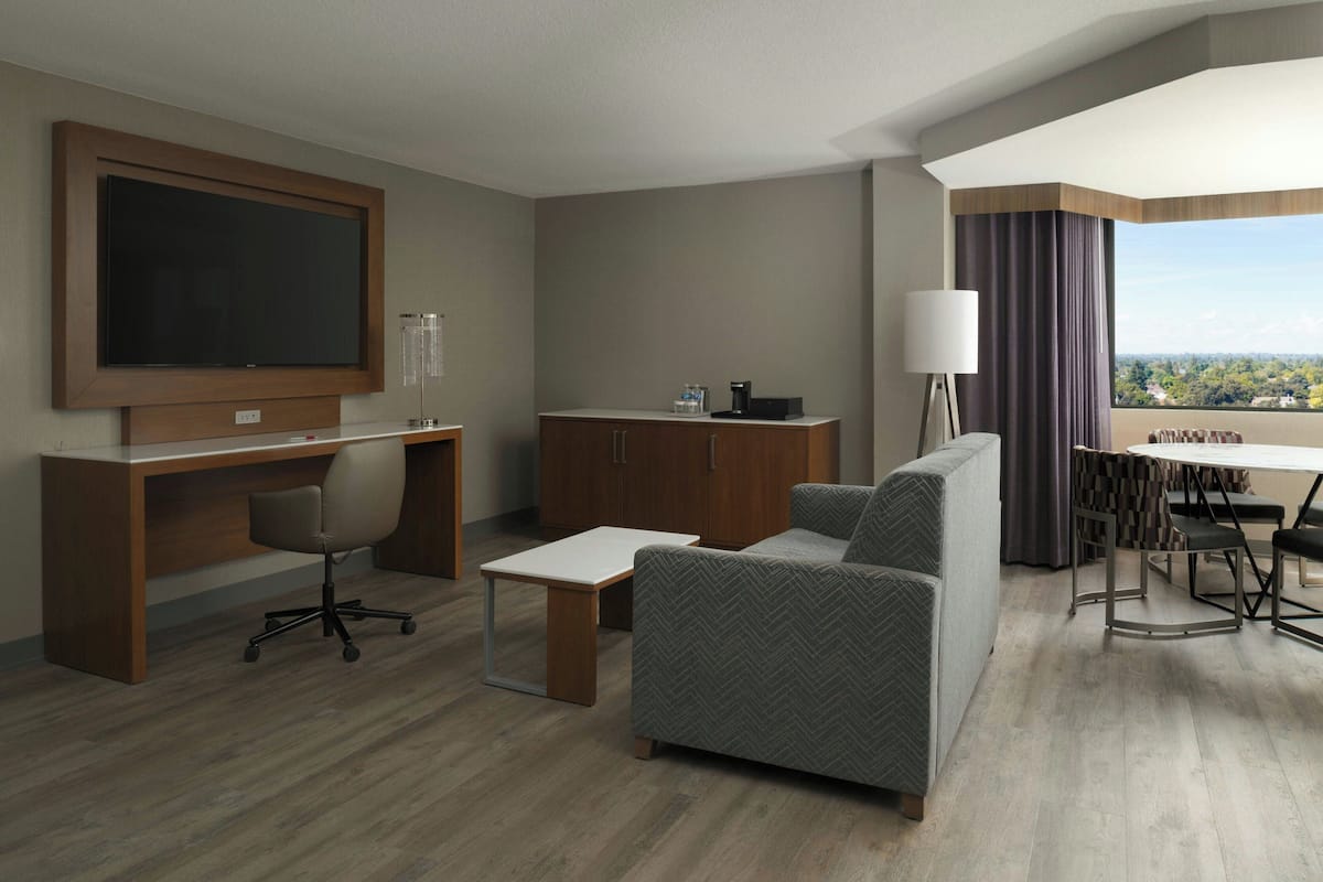 A hotel room with a flat-screen TV, a desk with a chair, a sofa, a dining table with chairs, and a view of the city.