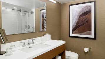 A modern bathroom with a white sink, mirror, and shower. There is a framed picture on the wall and a toilet paper holder.