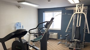 A gym with a treadmill, elliptical, and weight machines.