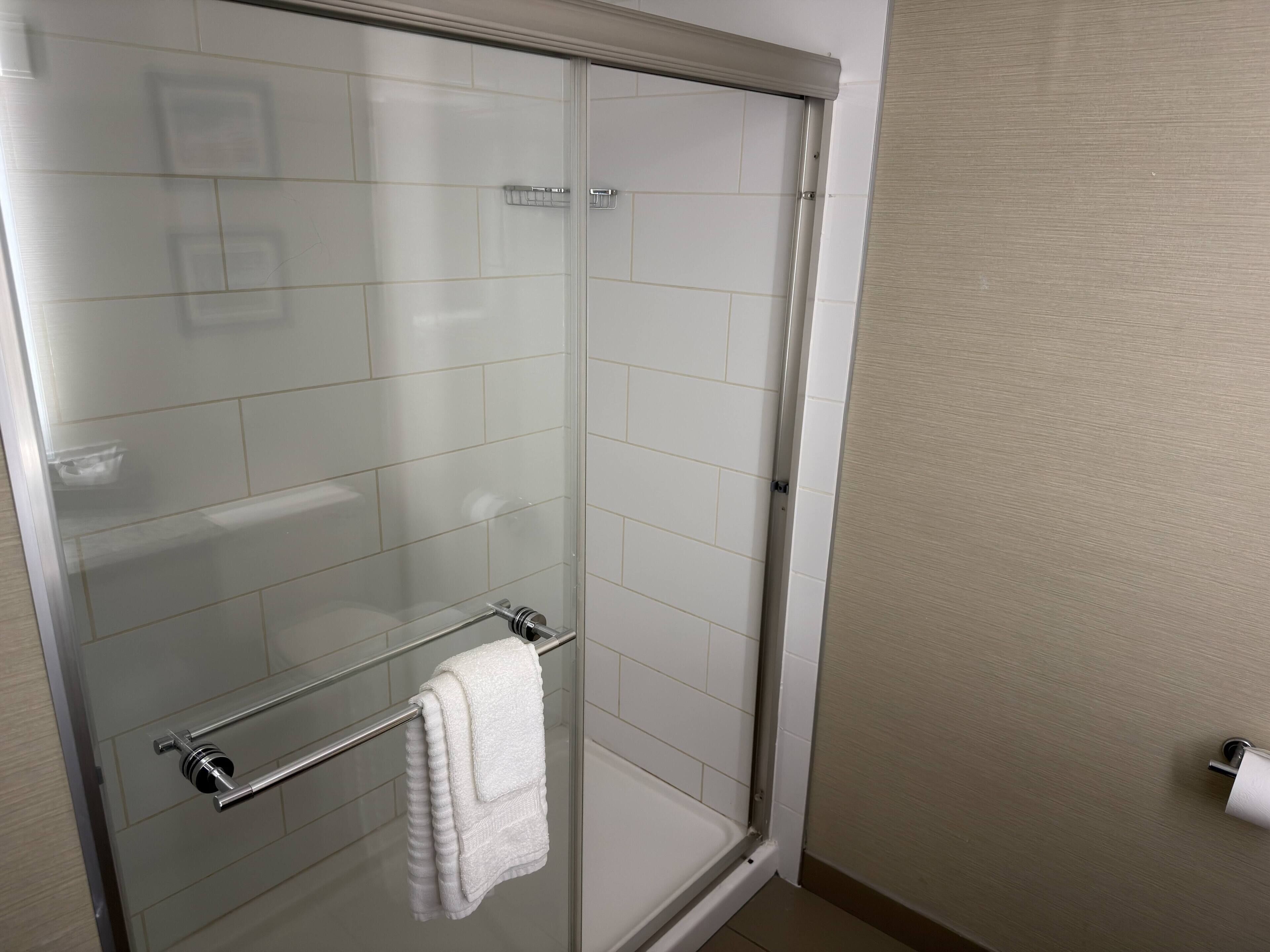 A glass-enclosed shower with a towel rack and a toilet paper holder.