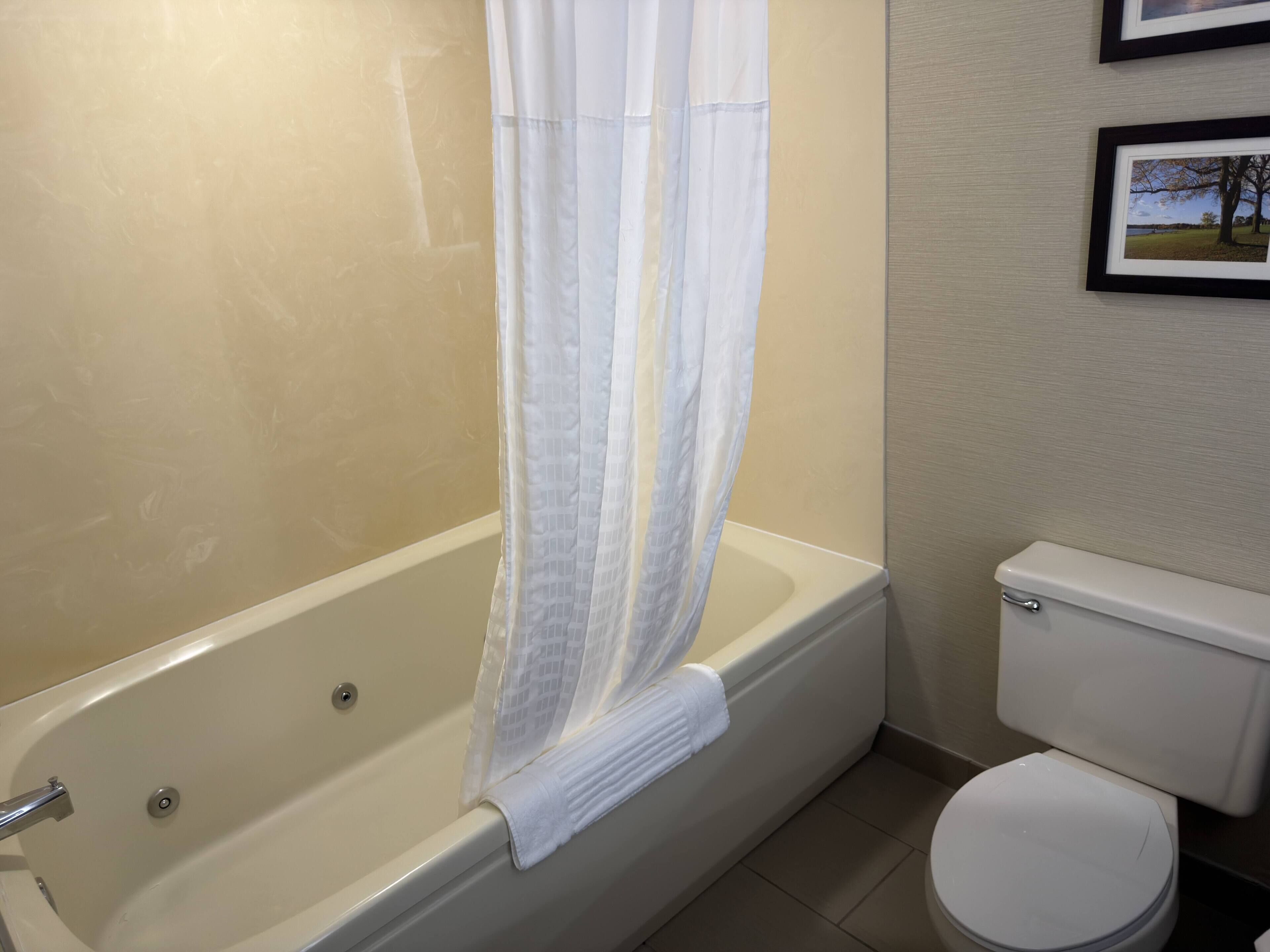 Ein Badezimmer mit Badewanne, Toilette und einem gerahmten Bild an der Wand.