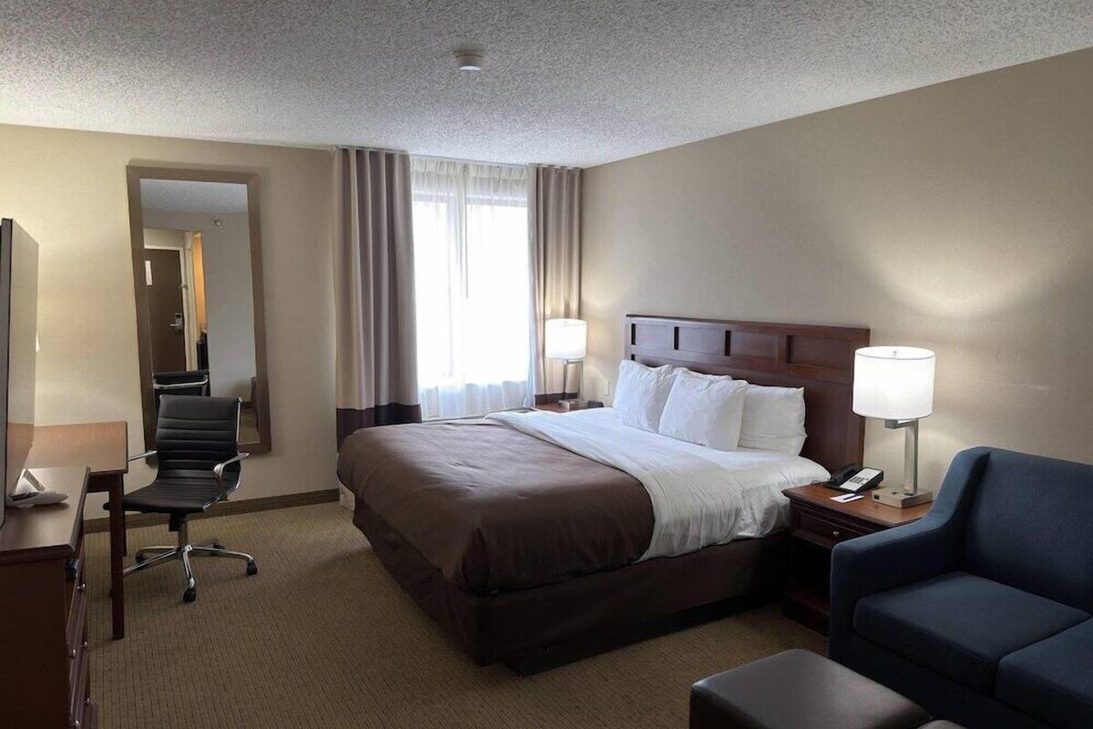 A hotel room with a bed, a desk, a chair, a sofa, and a mirror.