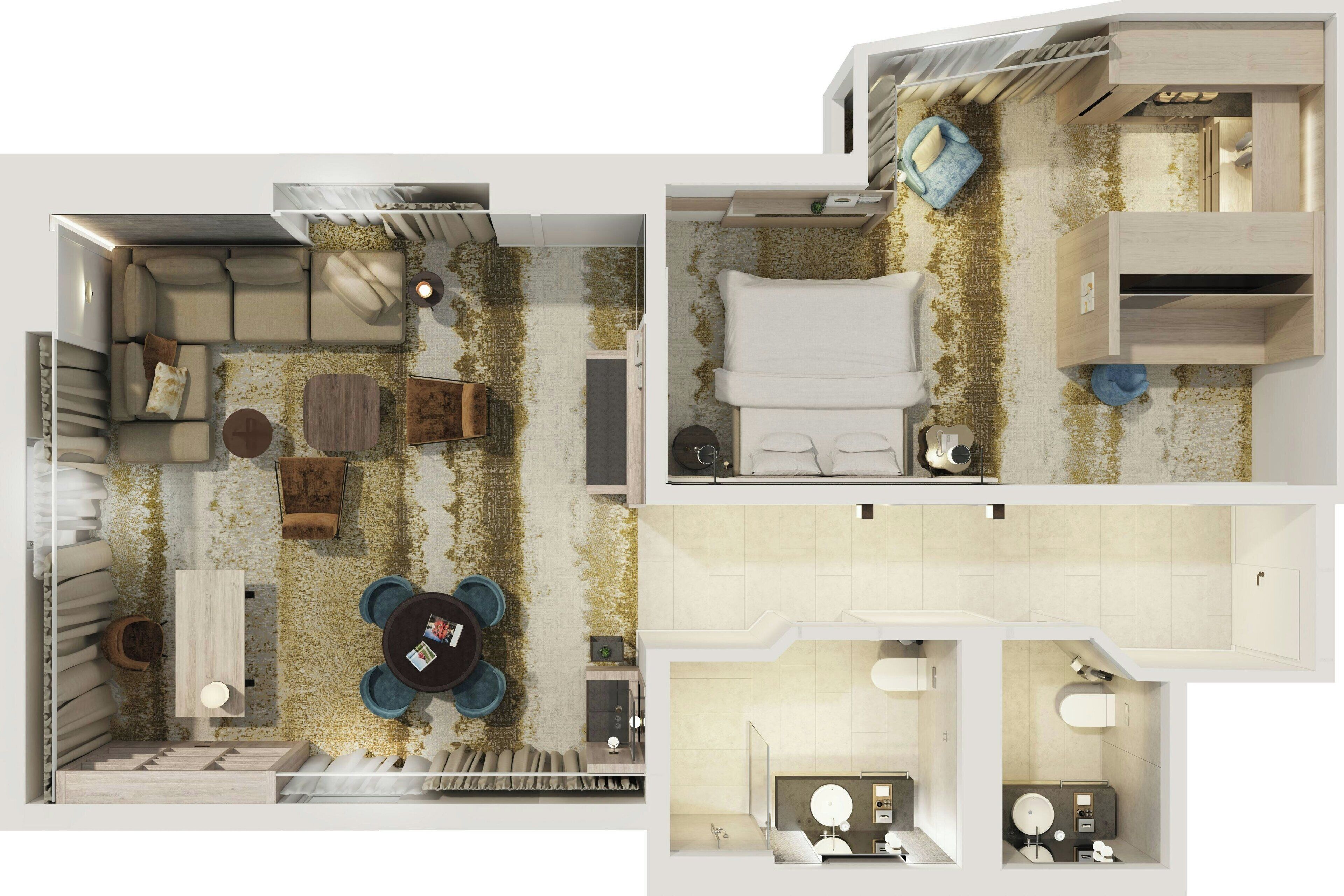 A modern hotel room layout with a living area, dining space, and a bathroom.