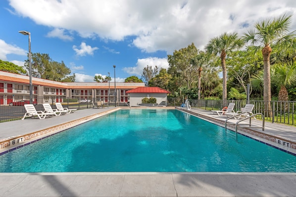 Outdoor pool, pool umbrellas, sun loungers