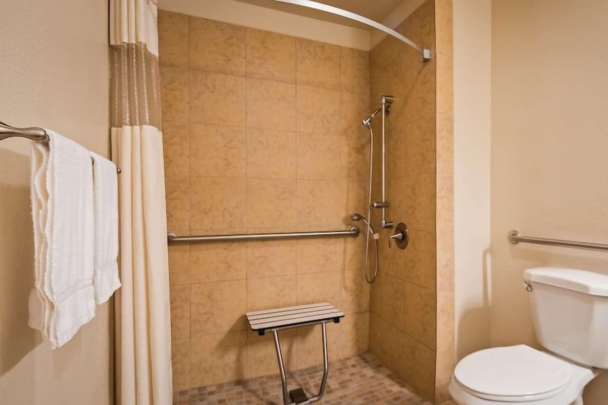 Un baño con ducha, barras de apoyo, inodoro y perchero para toallas.
