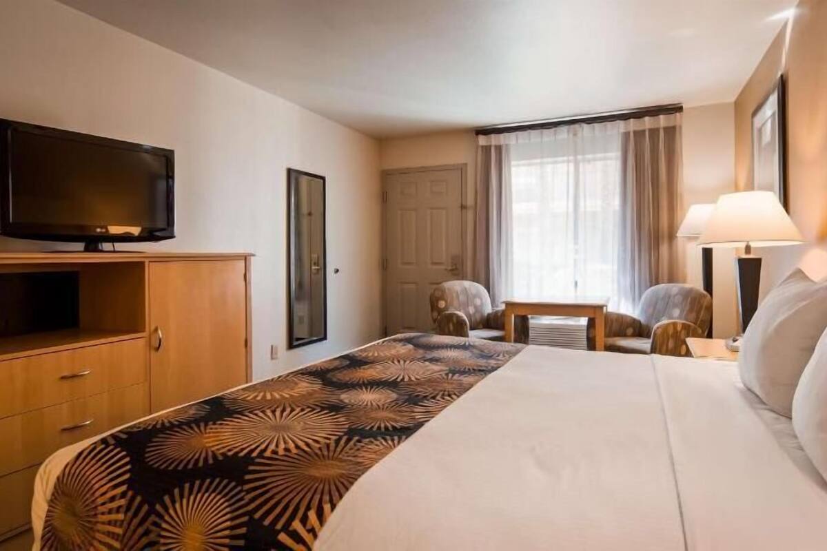 A hotel room with a bed, a television, a desk, and a chair.