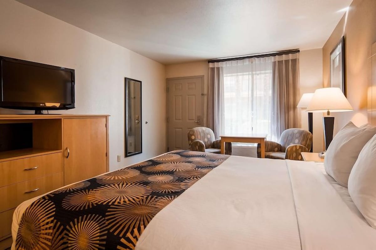 A hotel room with a bed, a television, a desk, and a chair.
