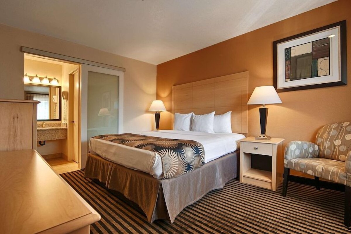 Una habitación de hotel con cama, lámparas de noche, una silla, escritorio y espejo.