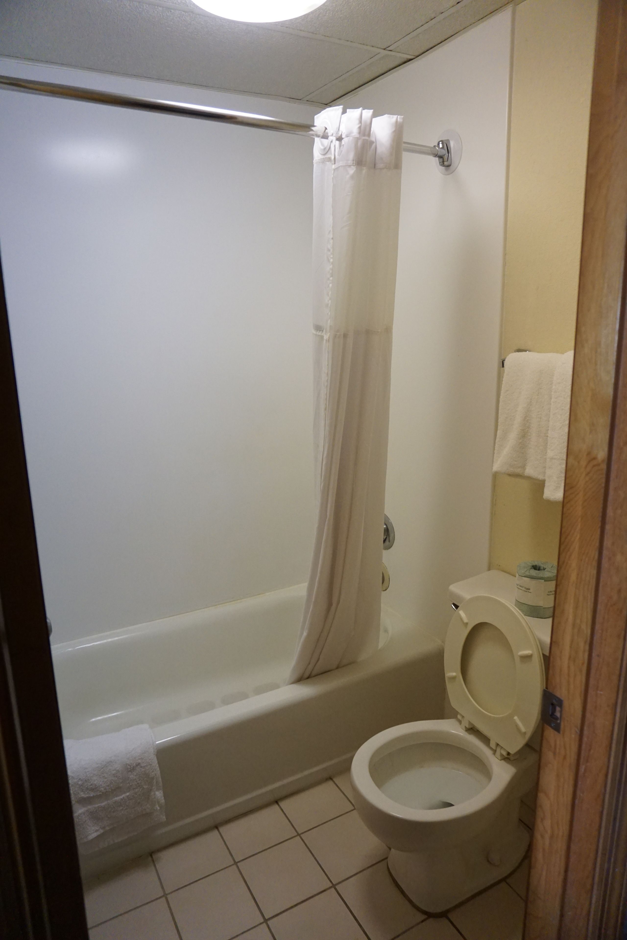 A bathroom with a bathtub, toilet, and a shower curtain.