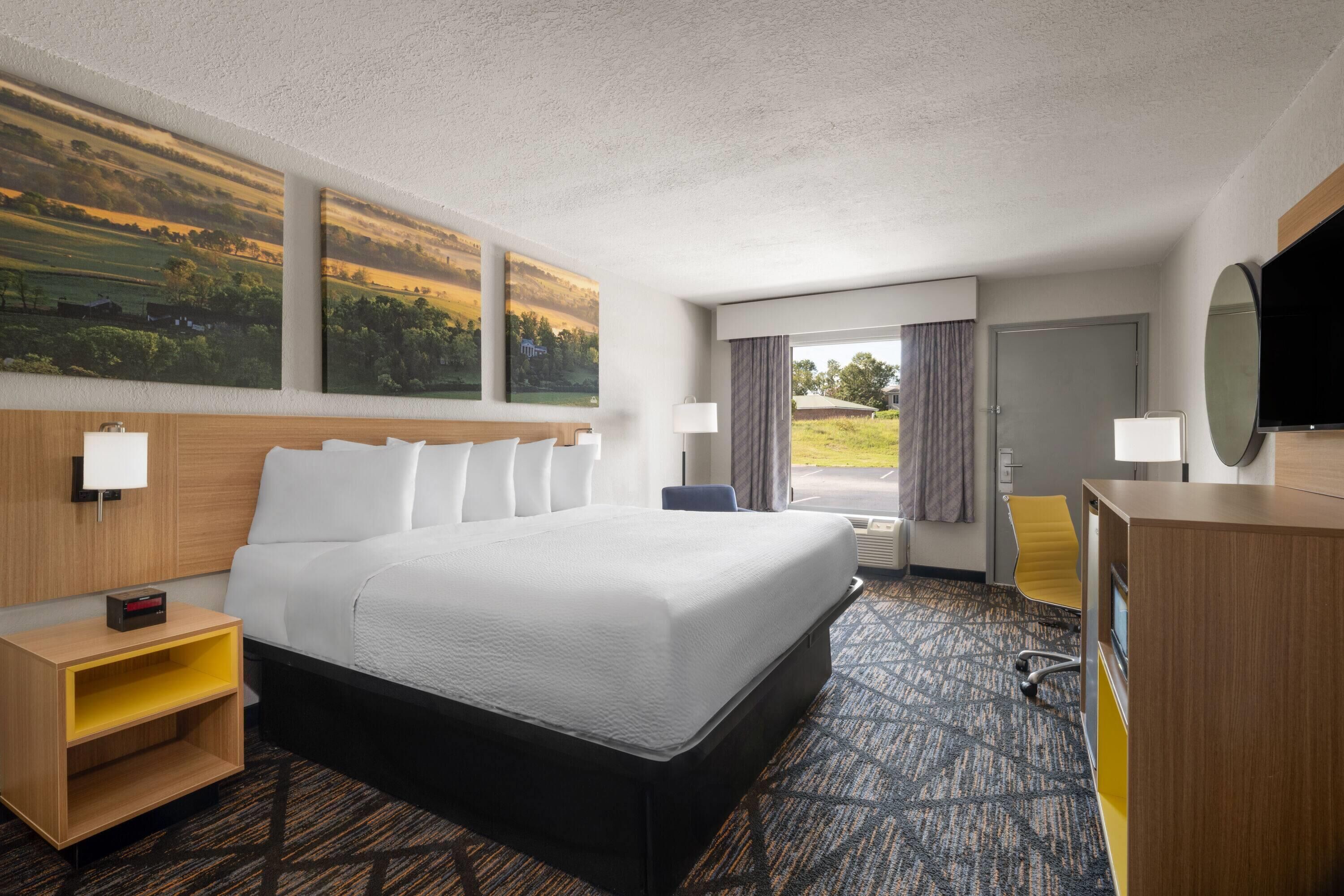 Habitación de hotel con una cama grande, un escritorio con una silla, un televisor y una ventana con vistas a un paisaje verde.
