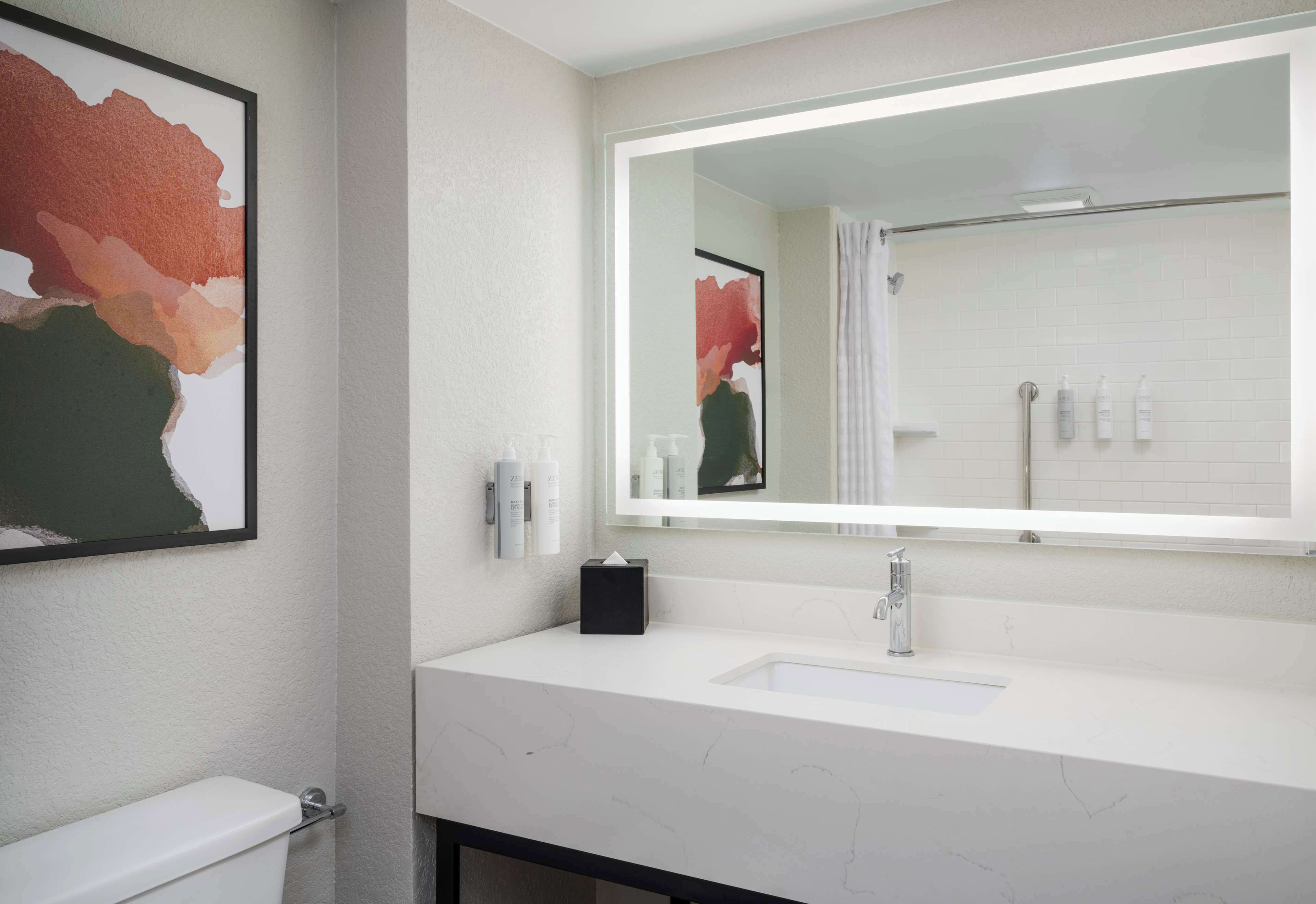 A modern bathroom with a white sink, a large mirror, and a toilet.