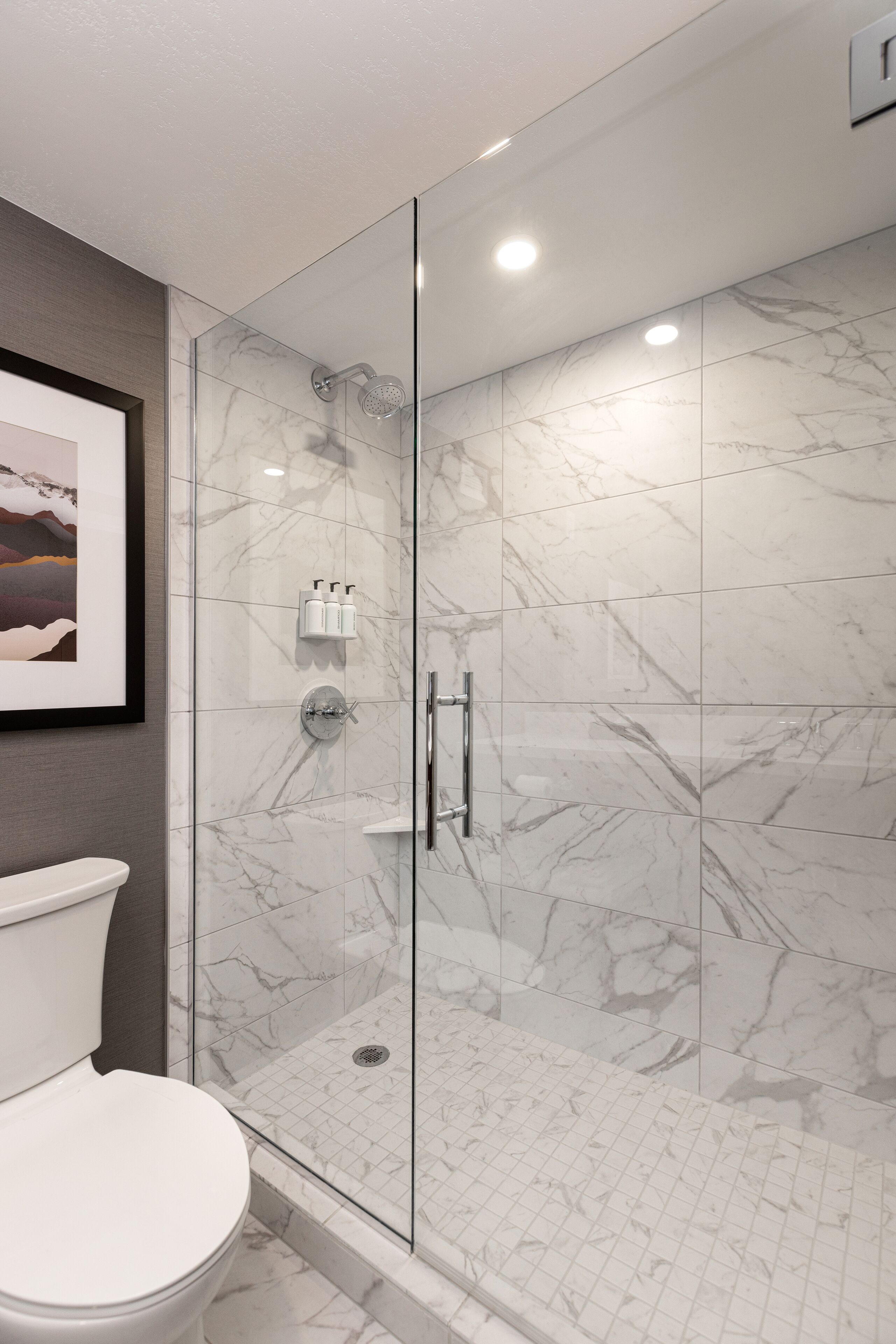 A modern bathroom with a glass-enclosed shower, a toilet, and marble tiles.