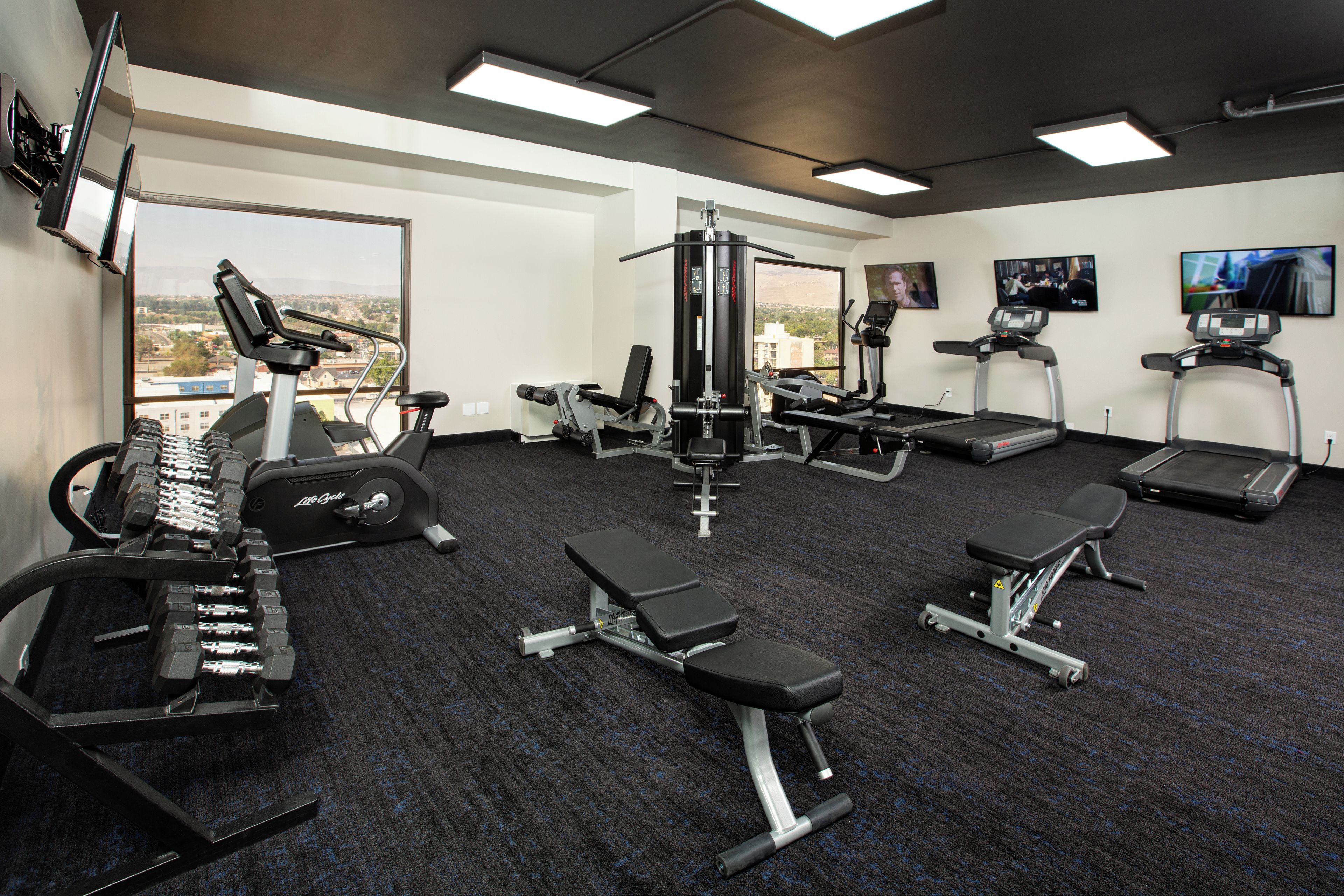 A gym with various exercise equipment, including treadmills, a bench press, and weight machines.