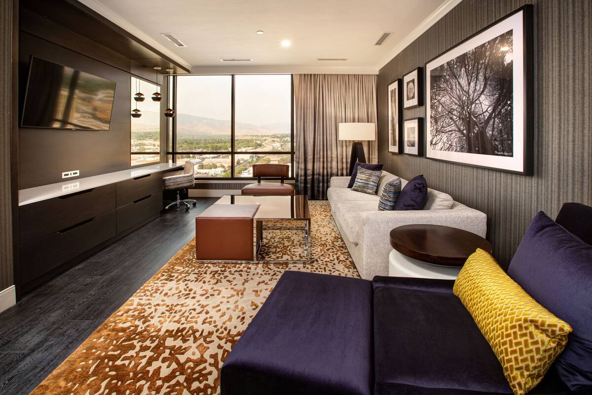 A modern hotel room with a large window, a flat-screen TV, a sofa, a coffee table, and a patterned rug.