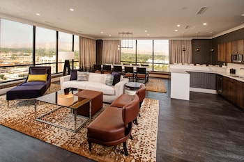 Aspen Tower Presidential Suite | Living area | 50-inch flat-screen TV with cable channels, TV at J Resort