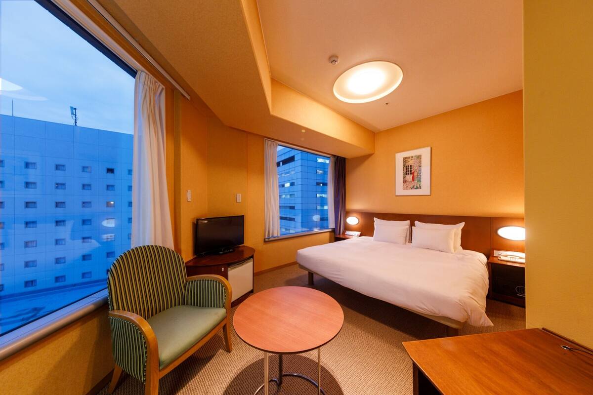 A hotel room with a bed, a television, a chair, a small table, and a window with a view of a building.