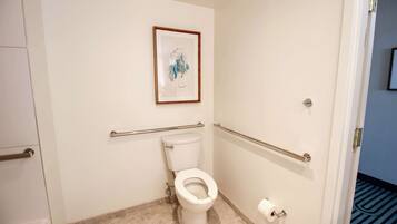 A small, white bathroom with a toilet, handrails, a framed abstract art piece on the wall, and a blue striped mat at the entrance.