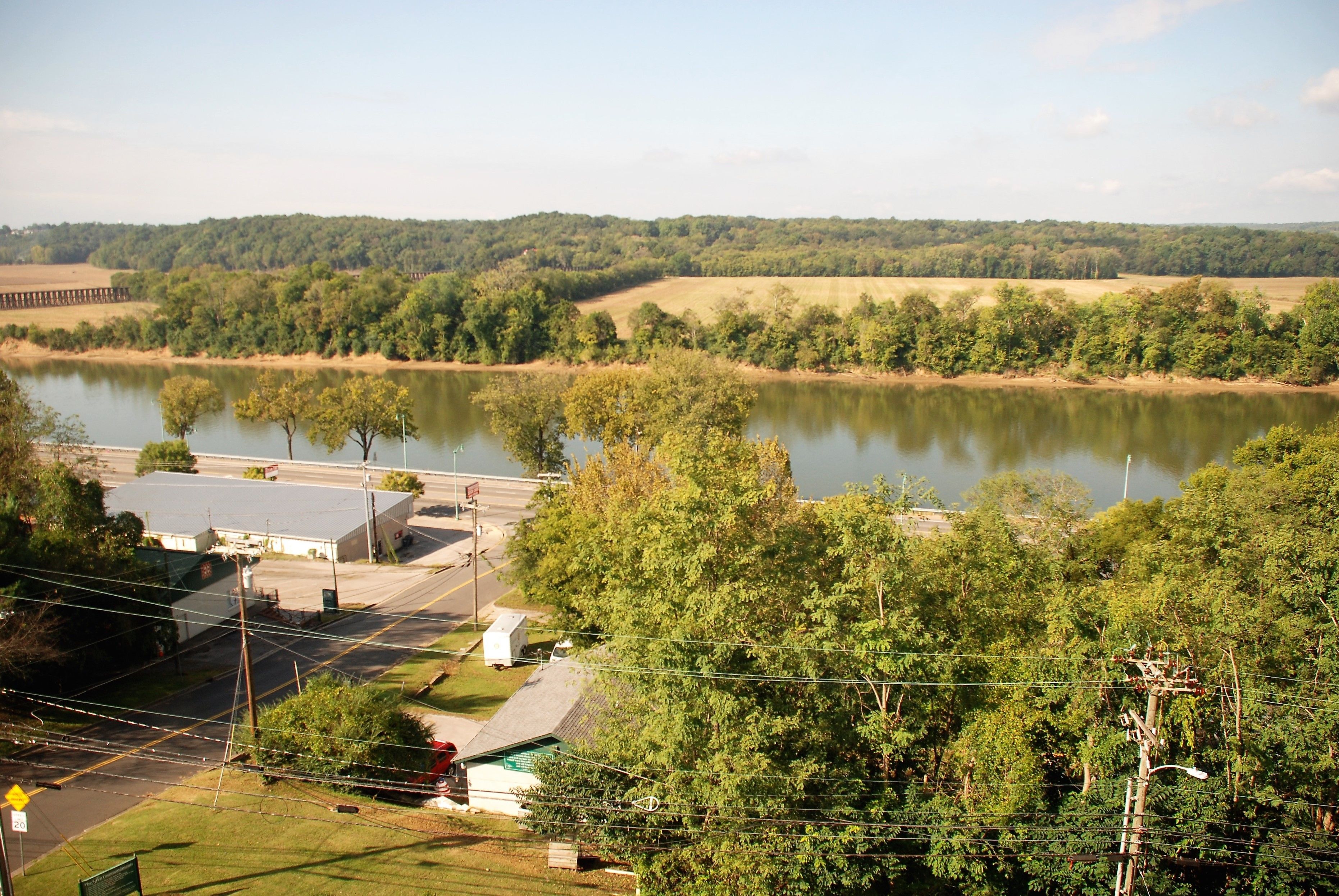 A view of a lake with surrounding greenery and a road.