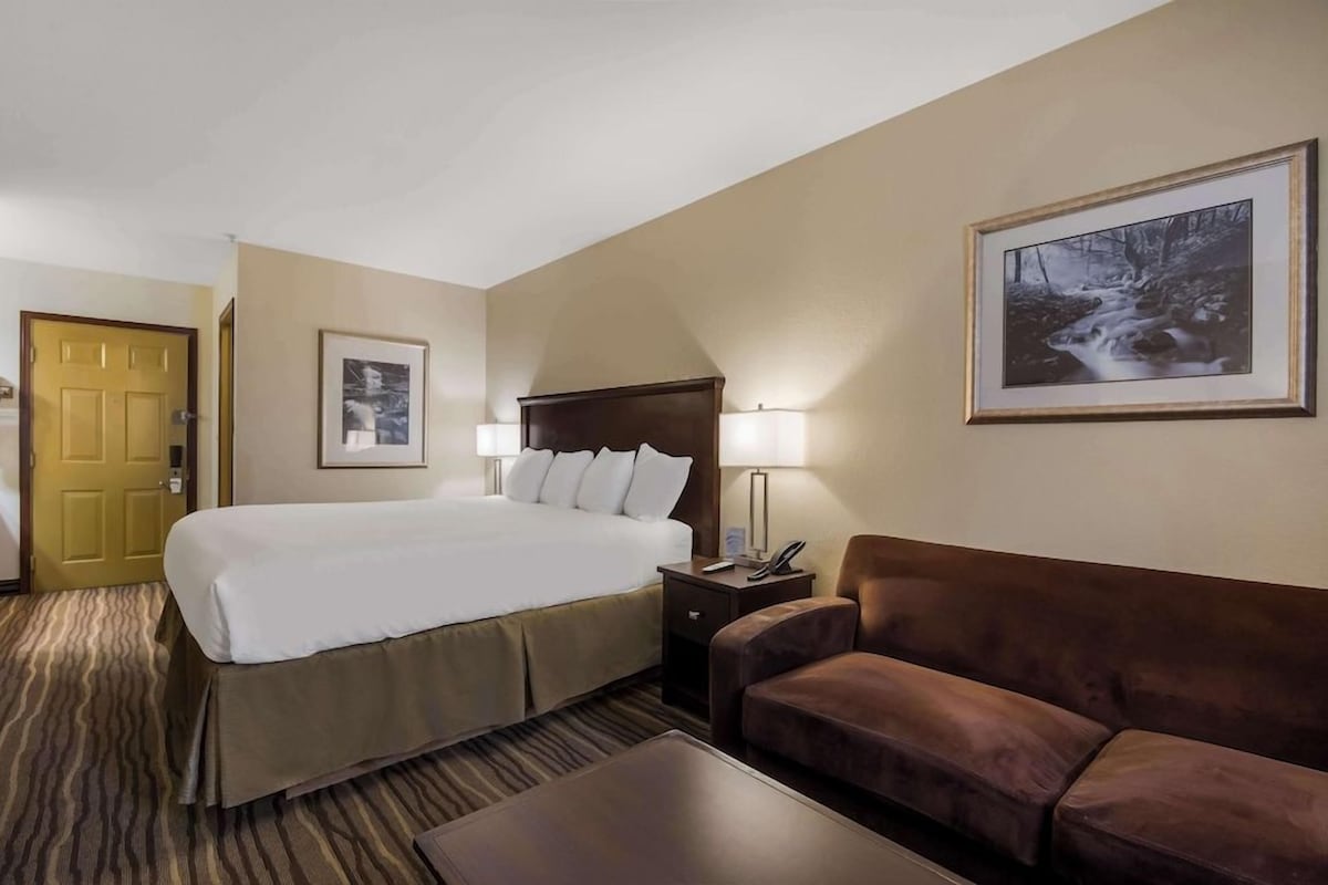 Ein Hotelzimmer mit einem großen Bett, einem braunen Sofa, einem Schreibtisch mit Lampe und einem gerahmten Bild an der Wand.