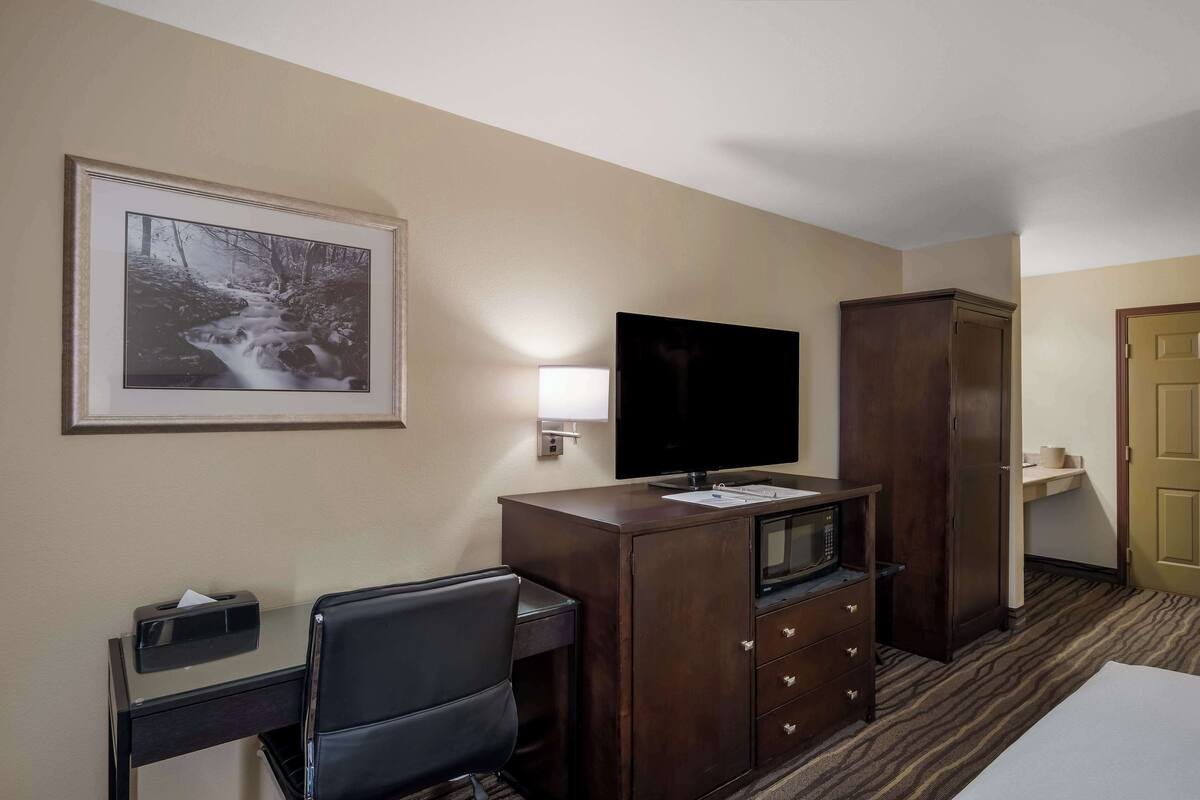 Une chambre d’hôtel équipée d’un bureau, d’une chaise, d’une télévision, d’une armoire et d’un tableau encadré au mur.