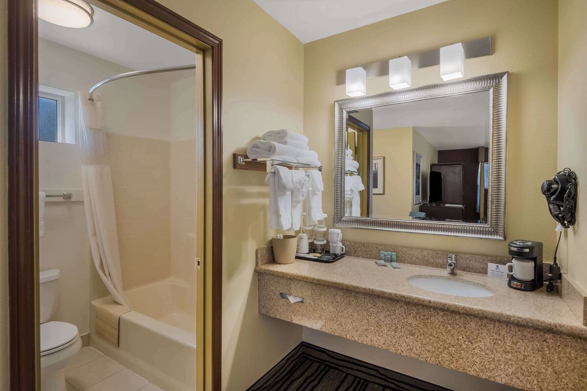 Une salle de bain avec une baignoire, des toilettes, un lavabo et un grand miroir.