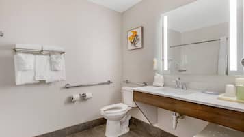 A modern bathroom with a toilet, sink, and mirror. There are towels on a rack, a handrail, and a picture on the wall.