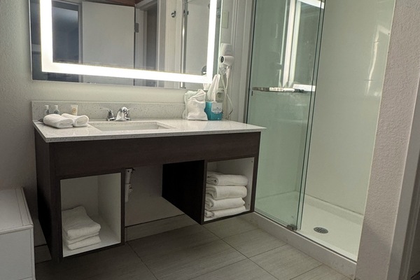 Suite, 1 King Bed with Sofa bed, Non Smoking (Efficiency) | Bathroom | Combined shower/tub, free toiletries, hair dryer, slippers