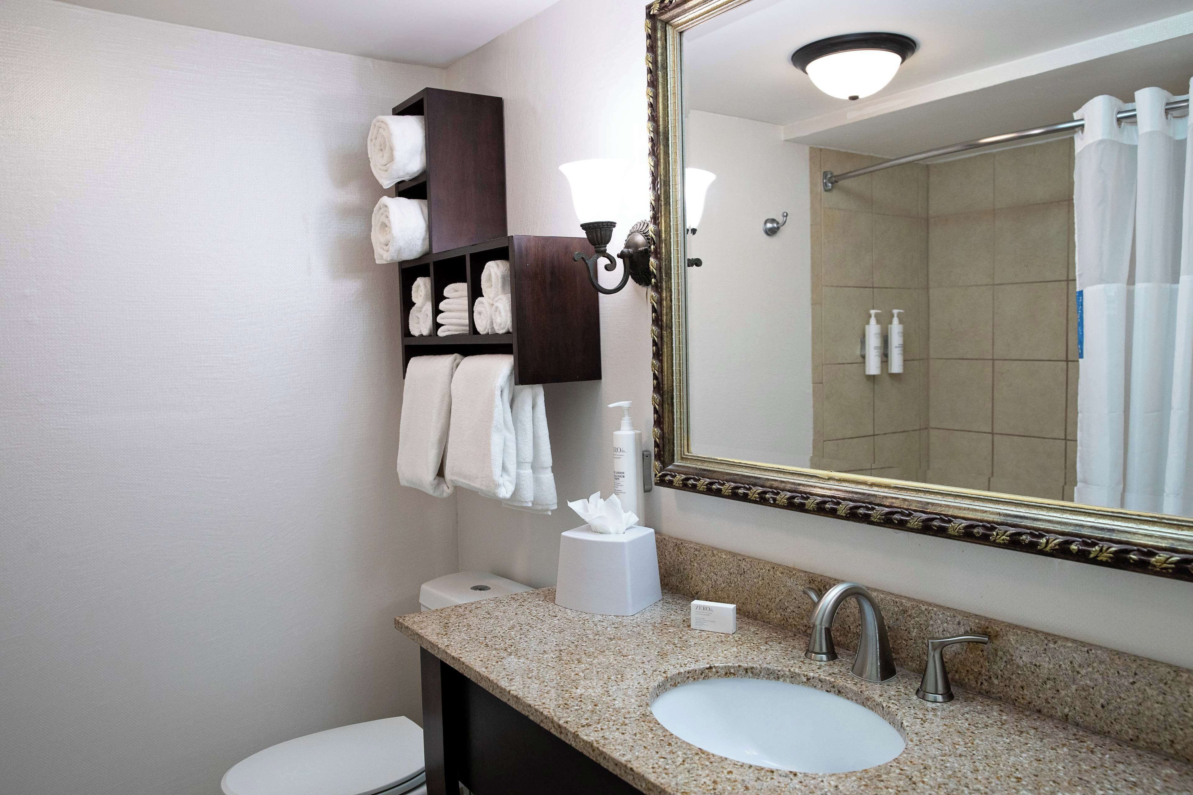 combined shower/bathtub, free toiletries, hair dryer, towels