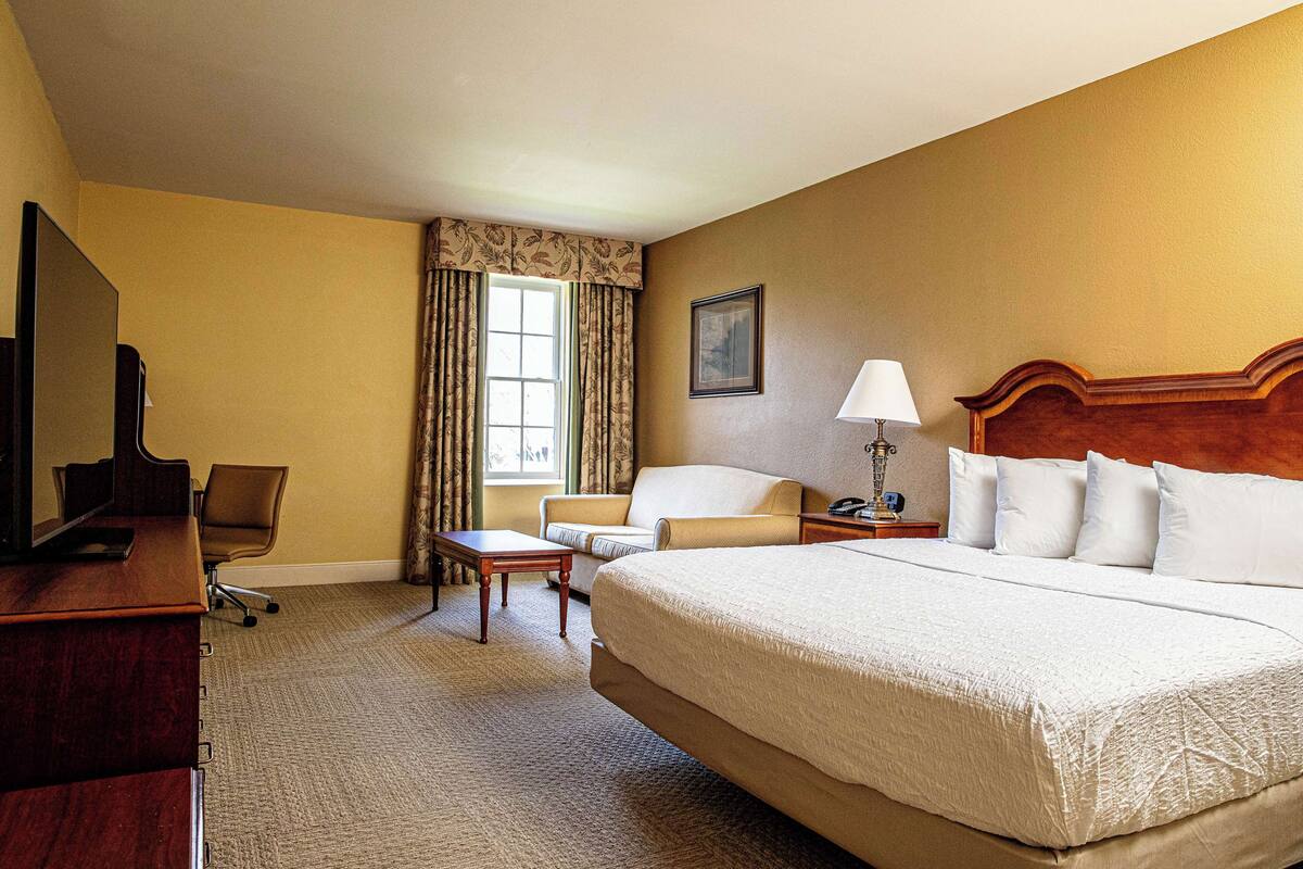 A hotel room with a large bed, a desk, a chair, a television, and a window with curtains.