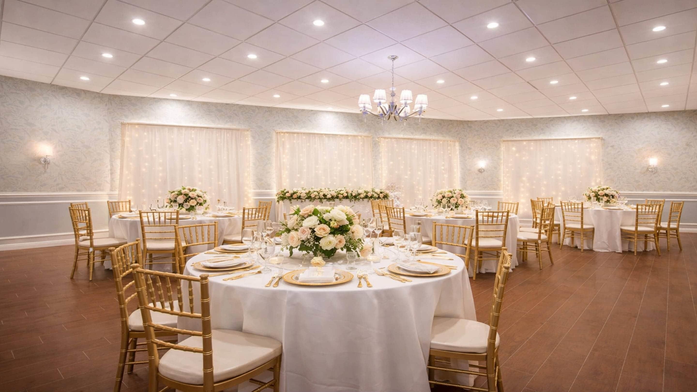 A banquet hall with round tables, gold chairs, white tablecloths, and floral centerpieces.