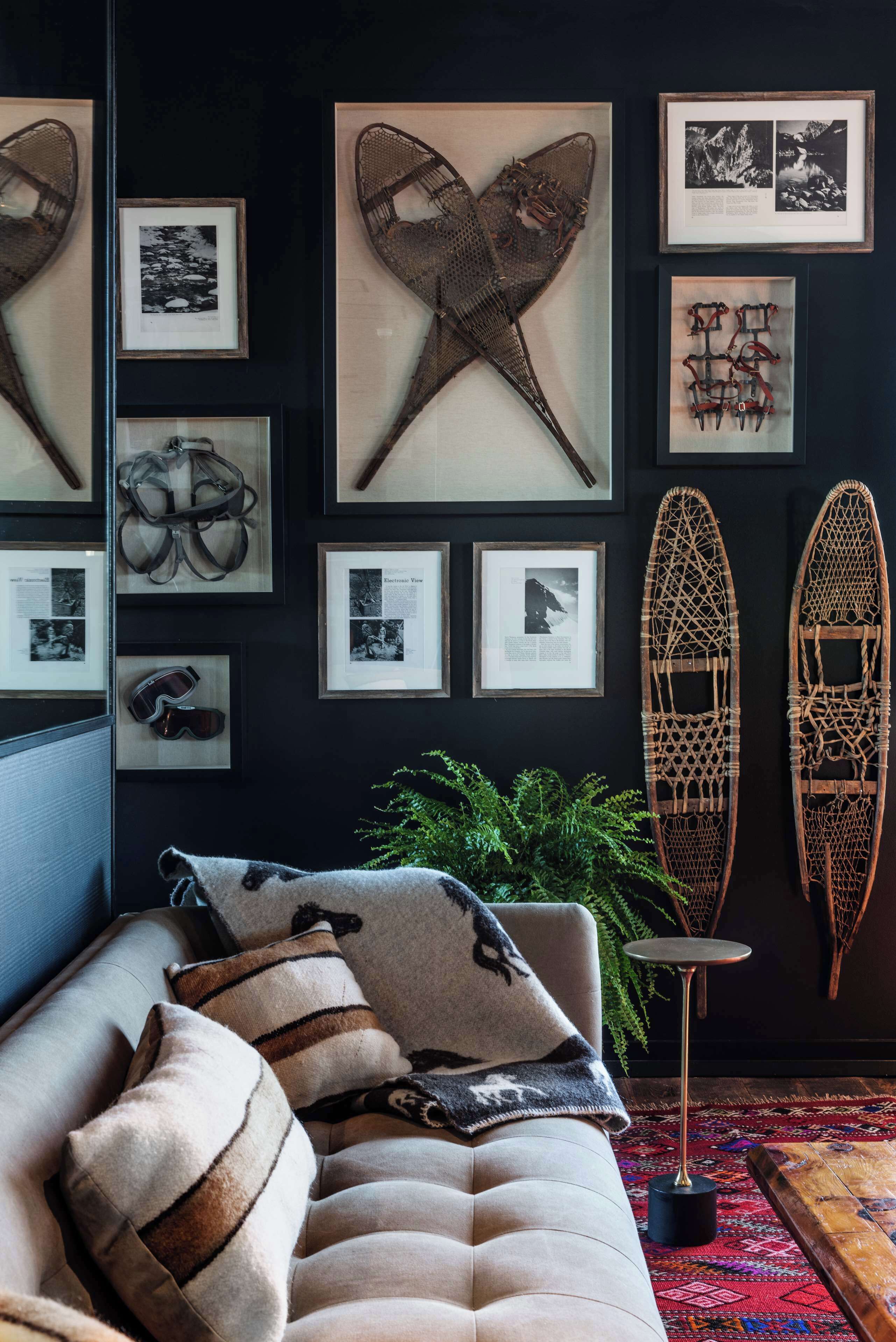 A modern living room with a sofa, framed pictures, and a plant.