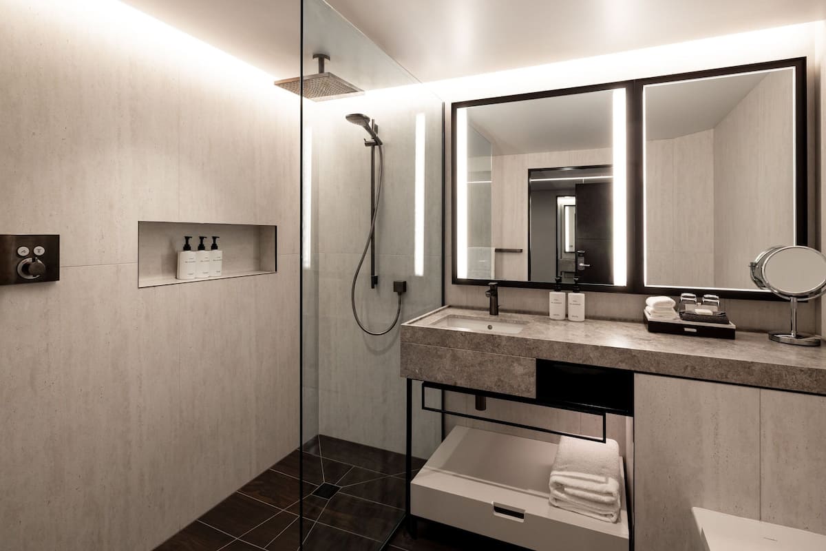 Une salle de bain moderne équipée d’une douche, d’un meuble-lavabo avec miroir et d’une étagère pour les articles de toilette.